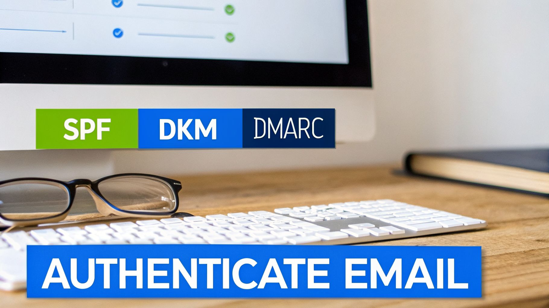 A computer monitor shows 'SPF', 'DKIM', 'DMARC' and 'AUTHENTICATE EMAIL' on a desk with a keyboard.