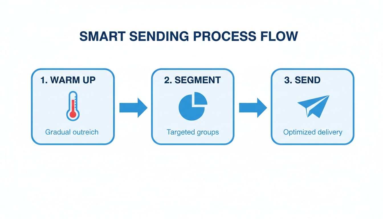 Smart sending process flow diagram for email outreach, outlining warm-up, segment, and send steps.