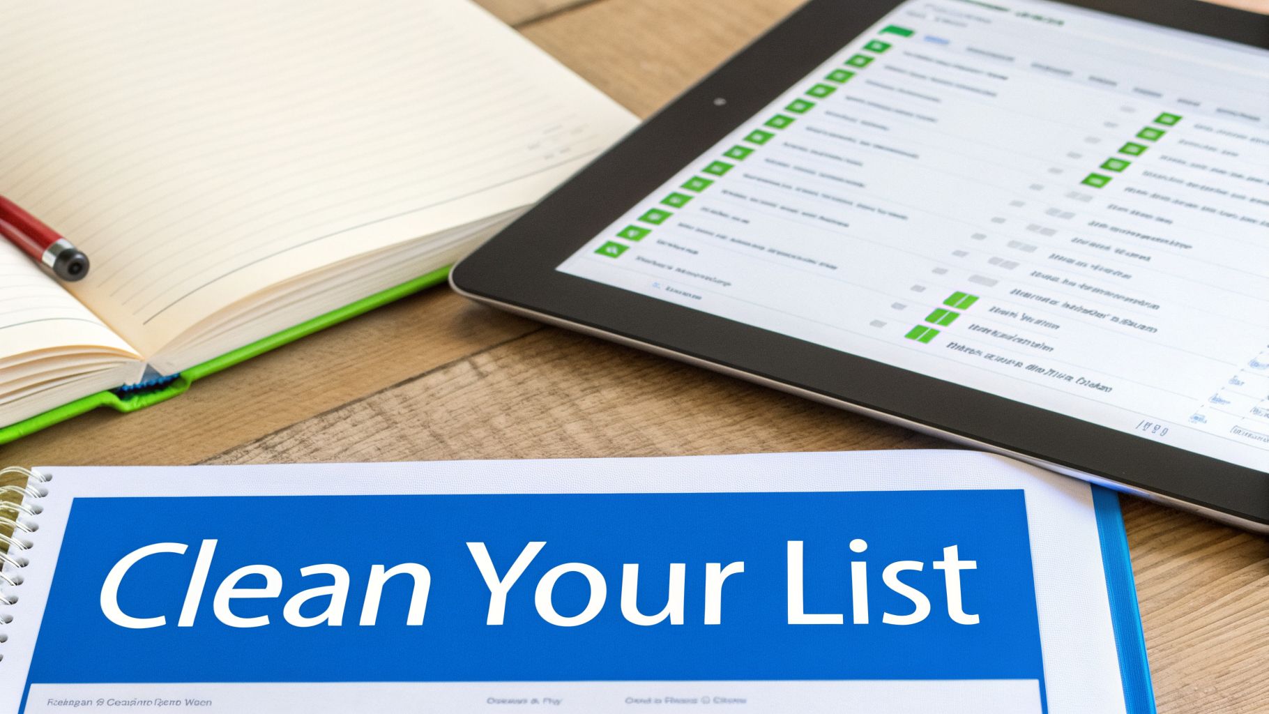 A desk with an open notebook, red pen, tablet displaying a digital list, and a document titled 'Clean Your List'.