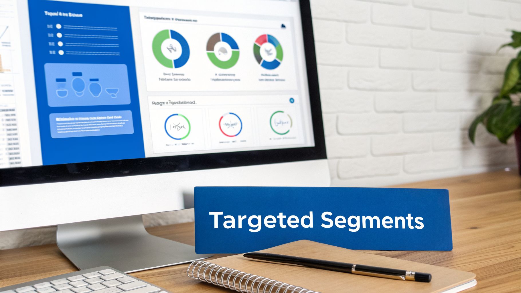 A computer monitor displays data analytics and charts, with a blue sign on the desk reading 'Targeted Segments'.