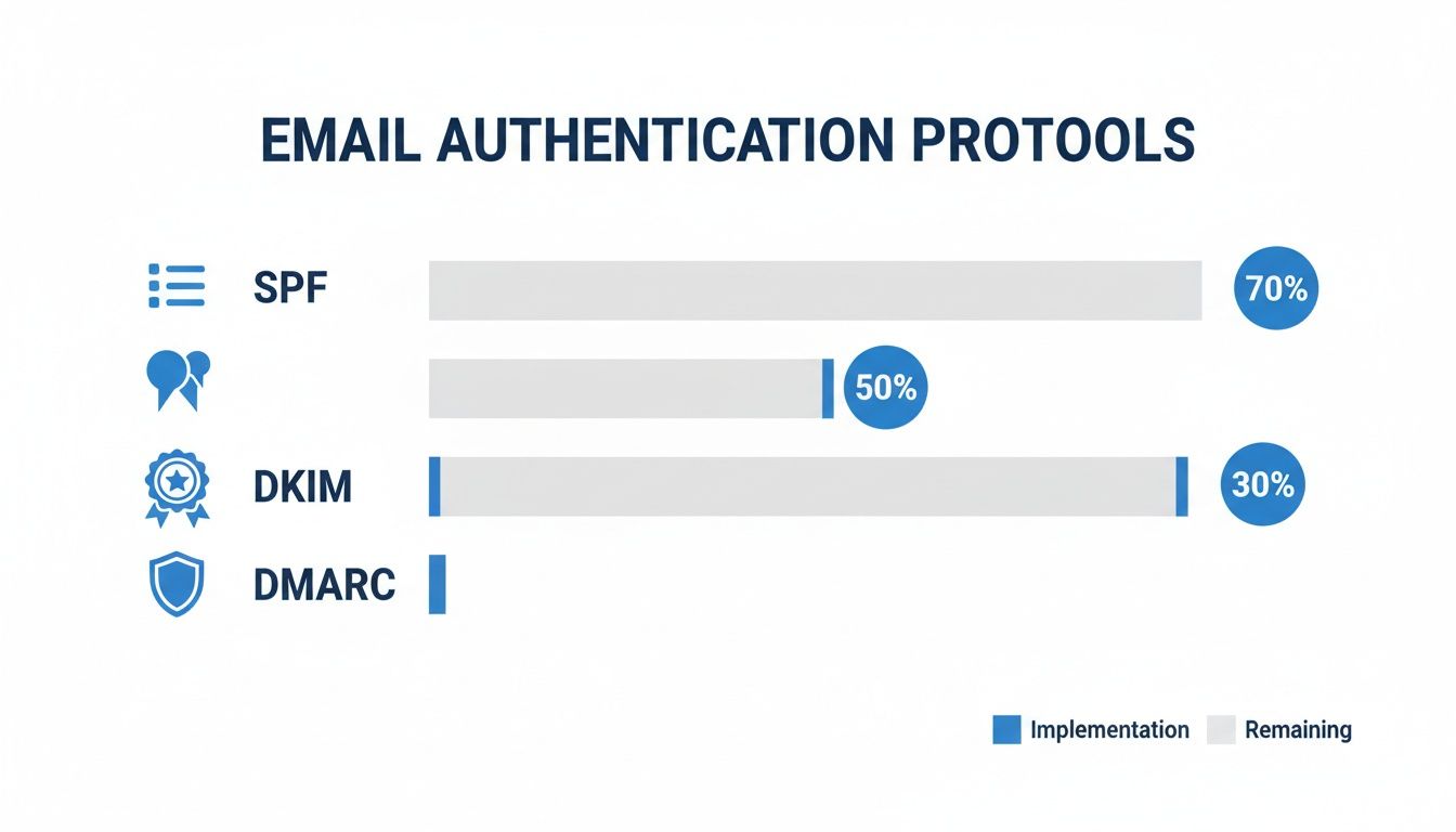 Bar chart illustrating the implementation percentages of email authentication protocols like SPF, DKIM, and DMARC.