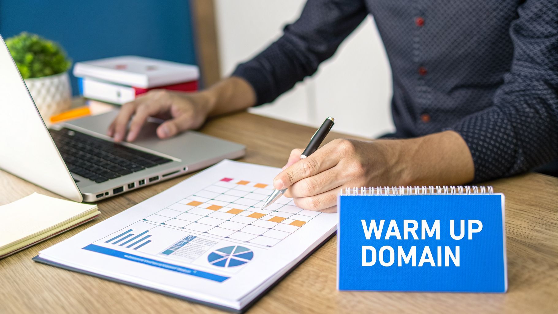 A person working at a desk, typing on a laptop and analyzing a chart, next to a 'WARM UP DOMAIN' sign.