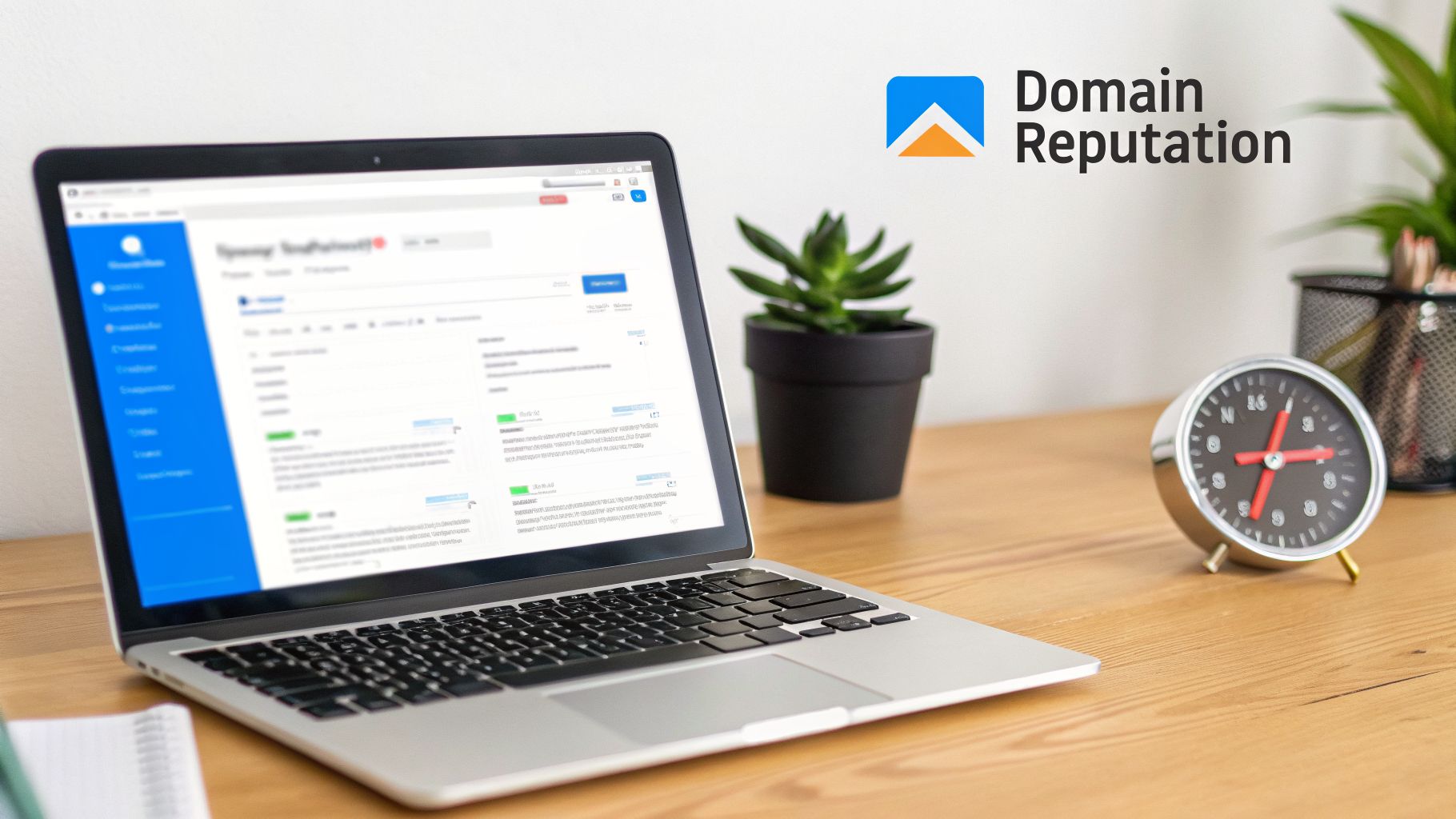 A laptop showing a 'Domain Reputation' website on a wooden desk, with a plant and an alarm clock.