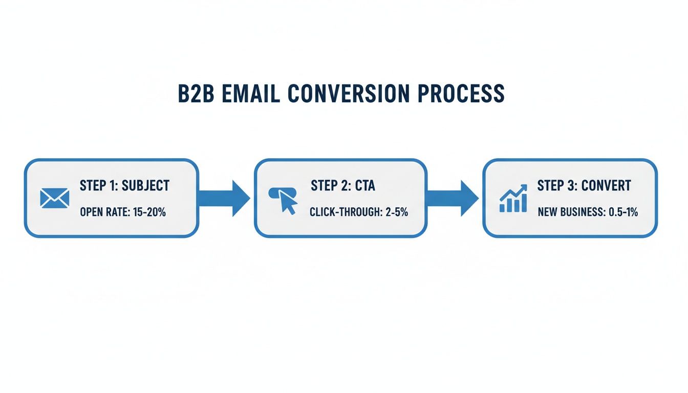 Diagram showing the B2B email conversion process with steps for subject, CTA, and conversion rates.