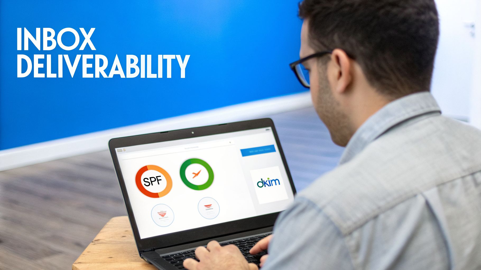 Man analyzing email deliverability on a laptop screen with SPF, DKIM stats and 'INBOX DELIVERABILITY' text.