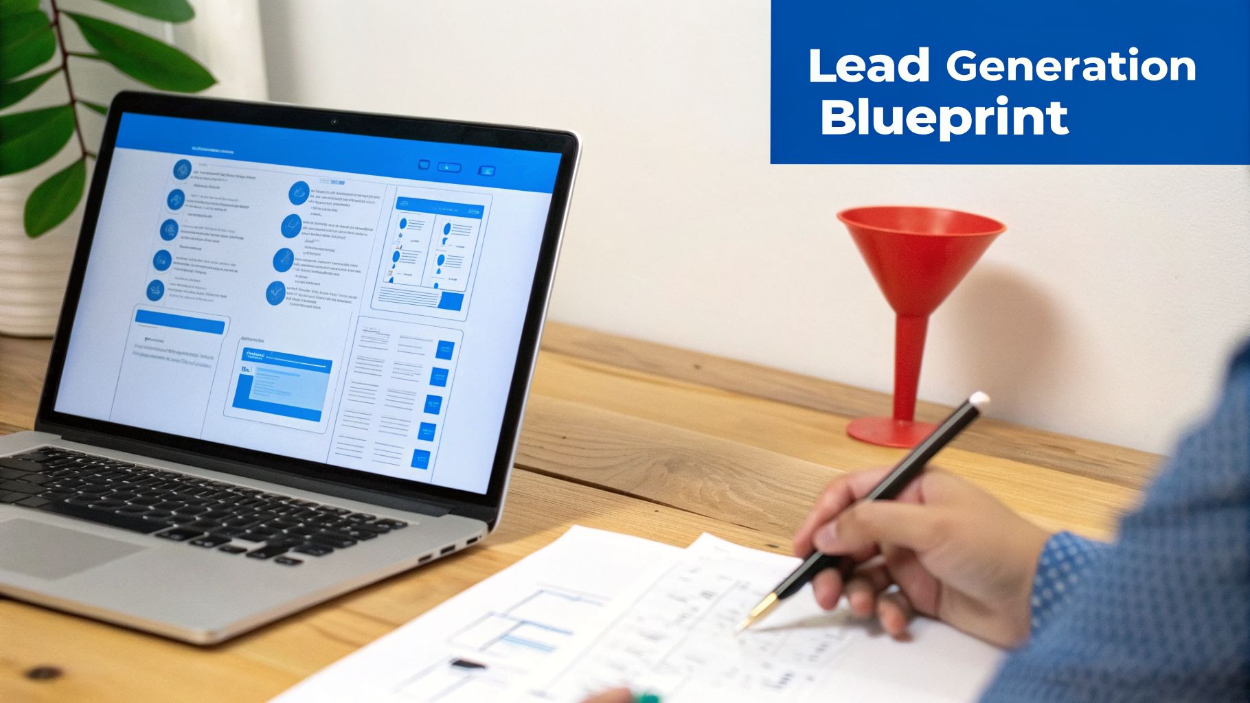 Person working on a lead generation blueprint with a laptop and a red funnel on a wooden desk.