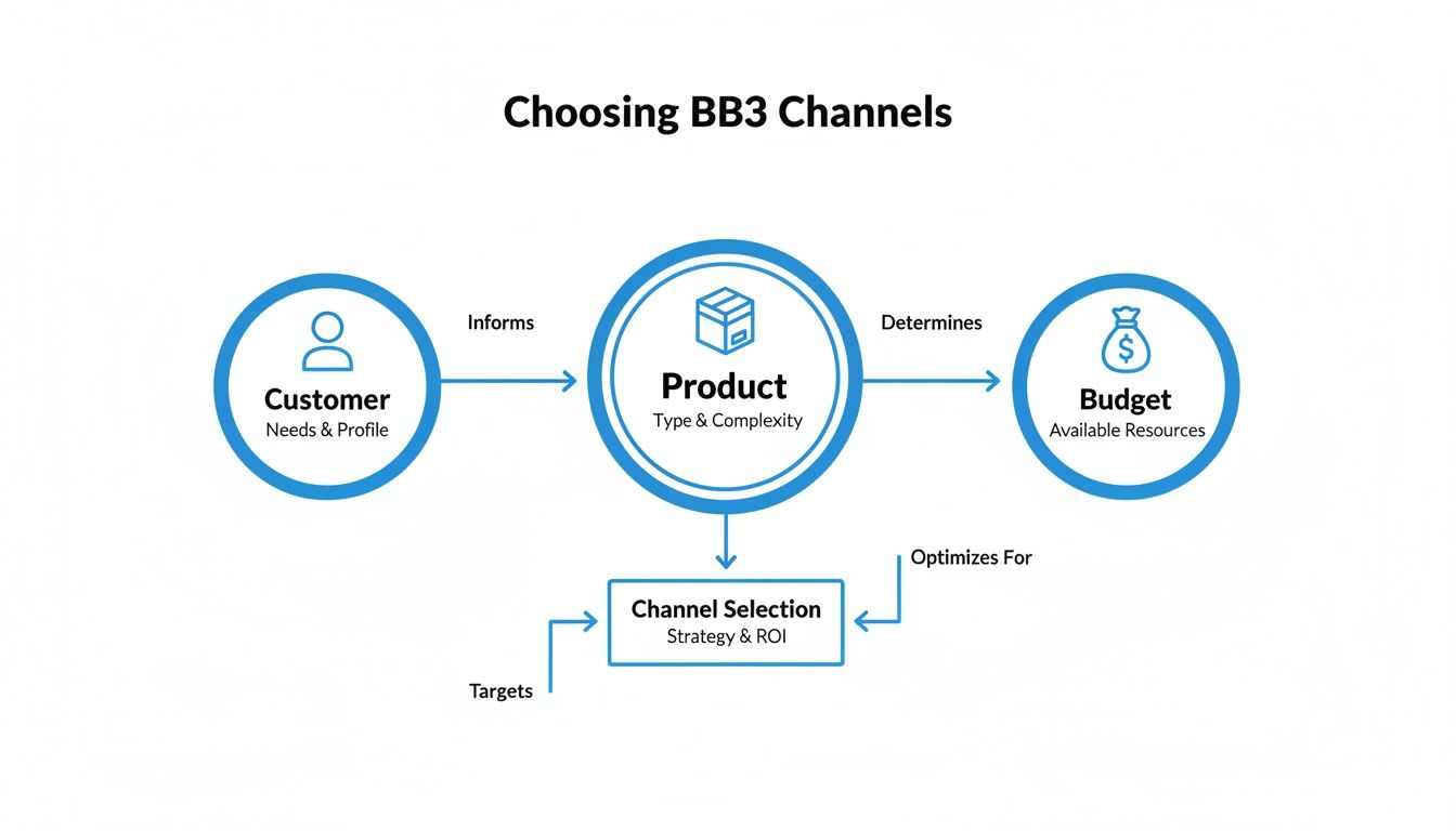 Flowchart illustrating the process of choosing distribution channels based on customer, product, and budget.