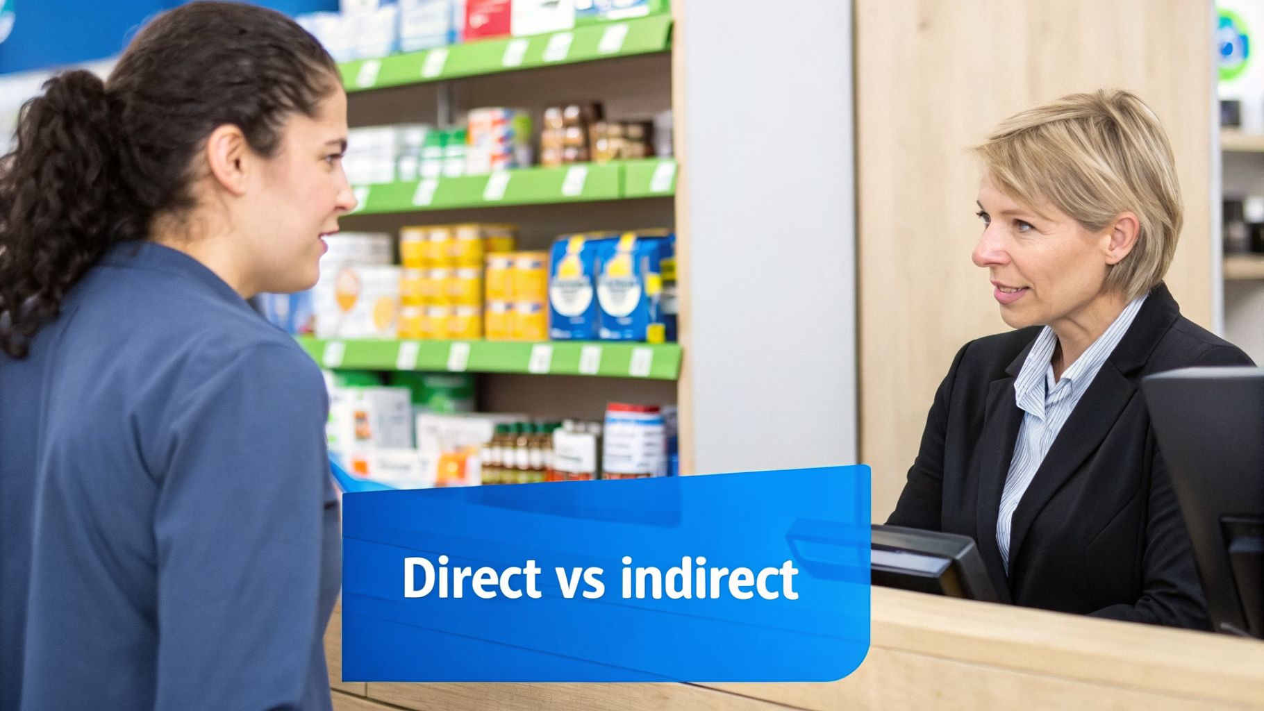 Two women engage in a retail interaction at a store counter, with shelves of products in the background.