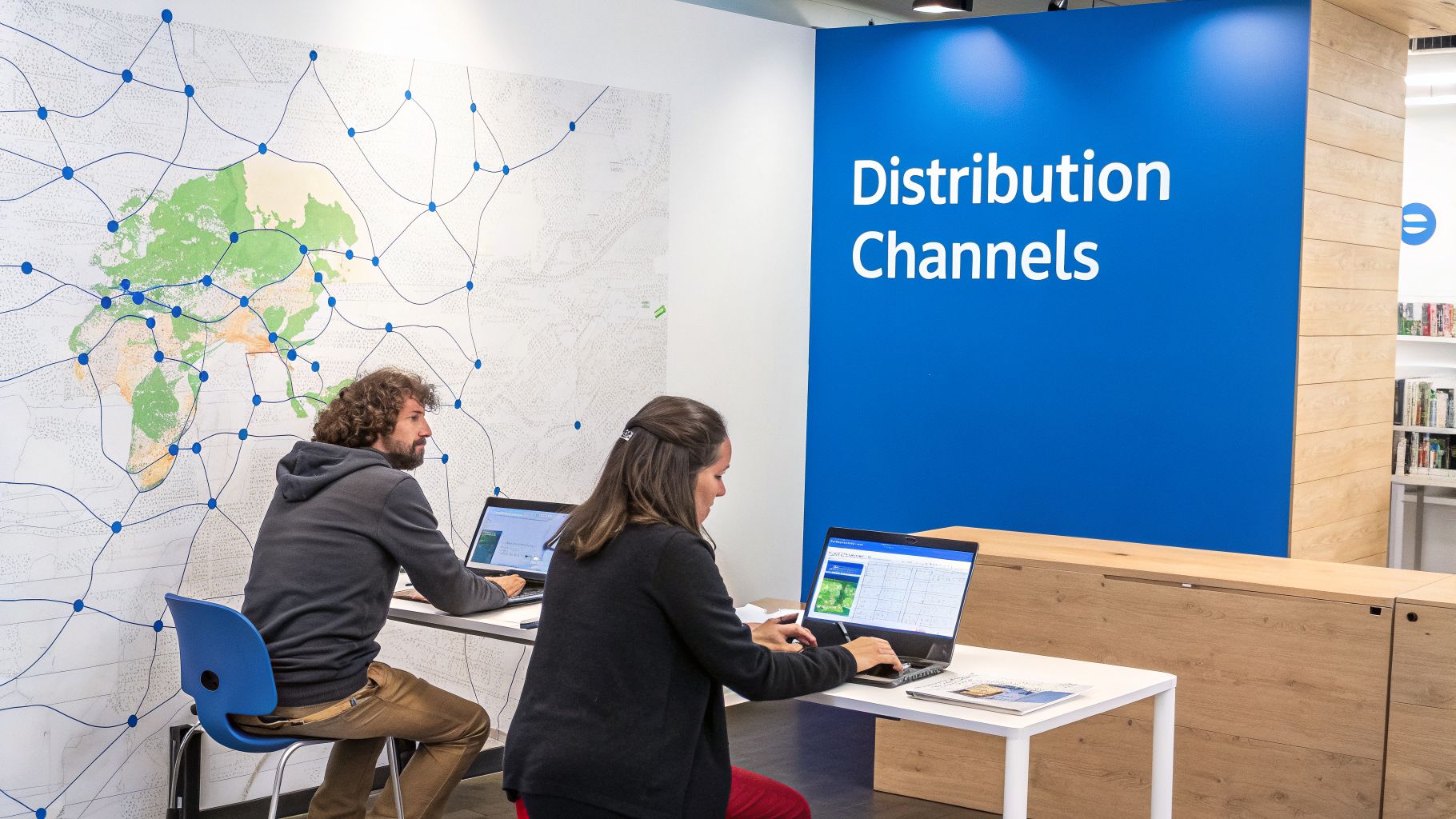 Two people work on laptops in a modern office with a 'Distribution Channels' sign and a global network map.