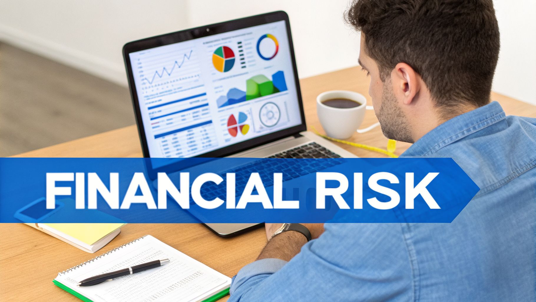 A man reviews financial data on a laptop, with "FINANCIAL RISK" overlaying the image.