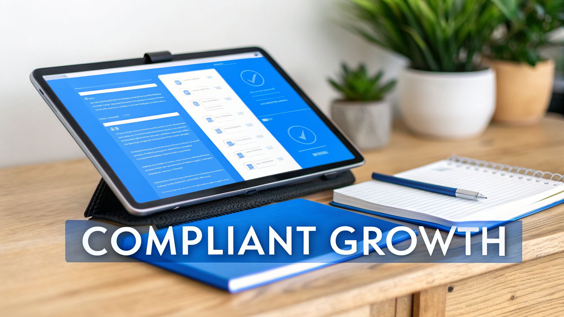 A tablet on a stand displays a compliance dashboard next to a notebook and pen on a wooden desk.
