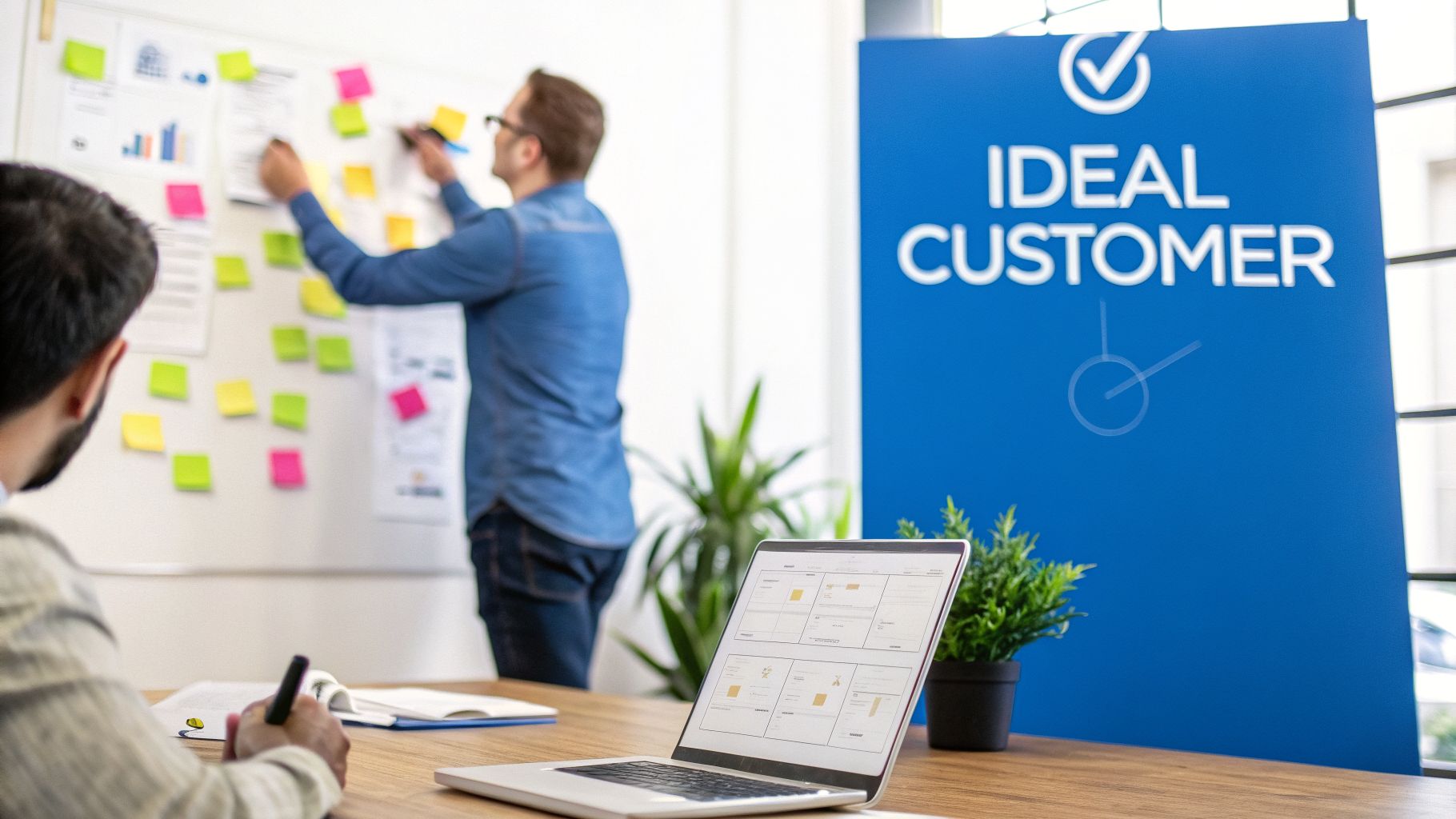 Two men collaborate in an office, brainstorming with sticky notes on a whiteboard and an 'Ideal Customer' banner.