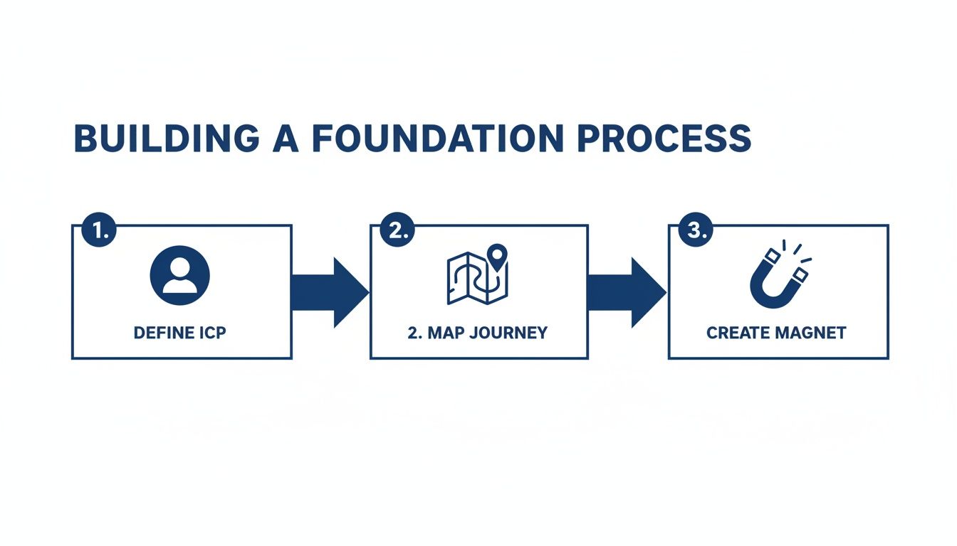 A three-step infographic outlining how to build a foundation process: define ICP, map journey, create magnet.