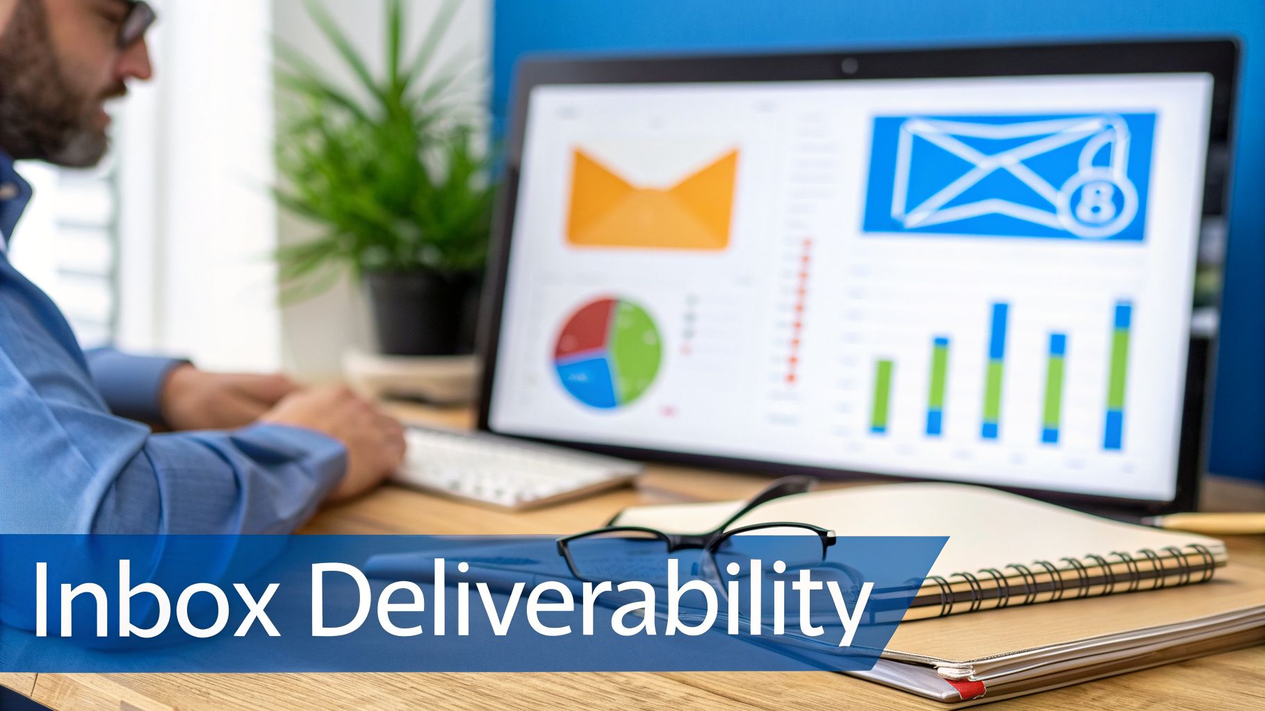 A man in glasses works on a laptop displaying email deliverability charts and graphs.