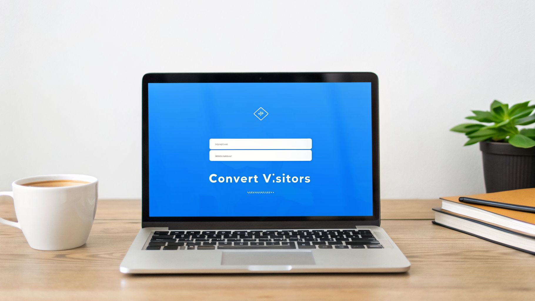 A laptop on a wooden desk displaying a login screen with 'Convert Visitors', alongside a coffee mug and a plant.