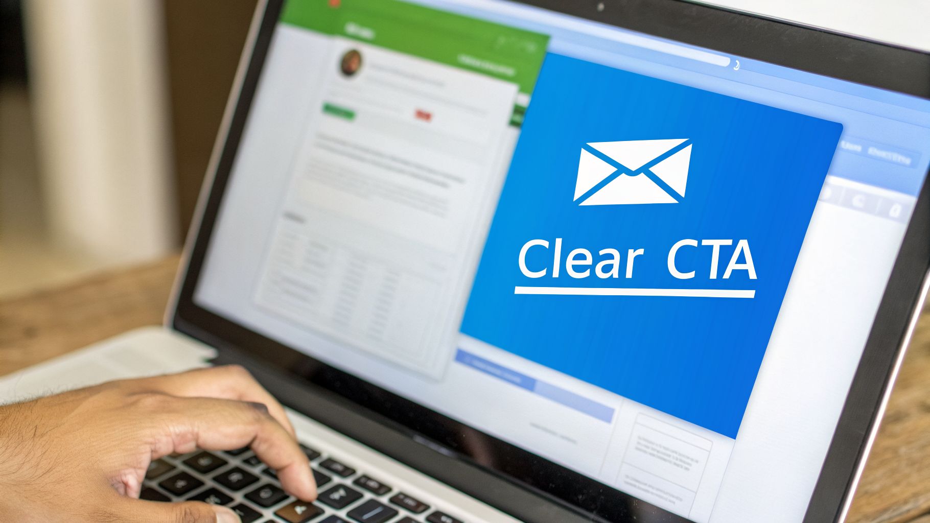 Hand typing on a laptop displaying an email interface with a prominent 'Clear CTA' message and envelope icon.