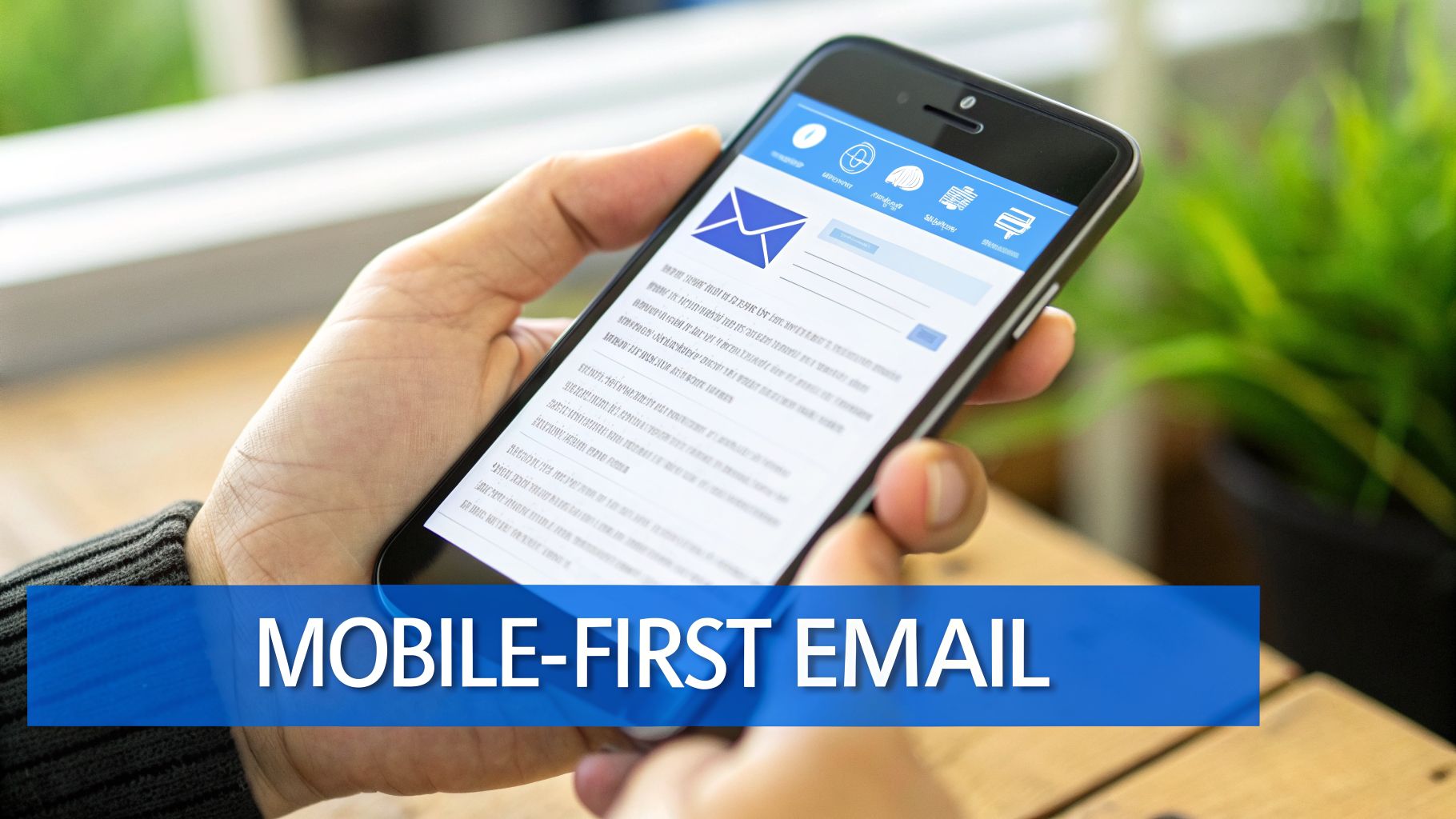 A hand holds a smartphone displaying an email application with a large envelope icon, emphasizing mobile-first email.