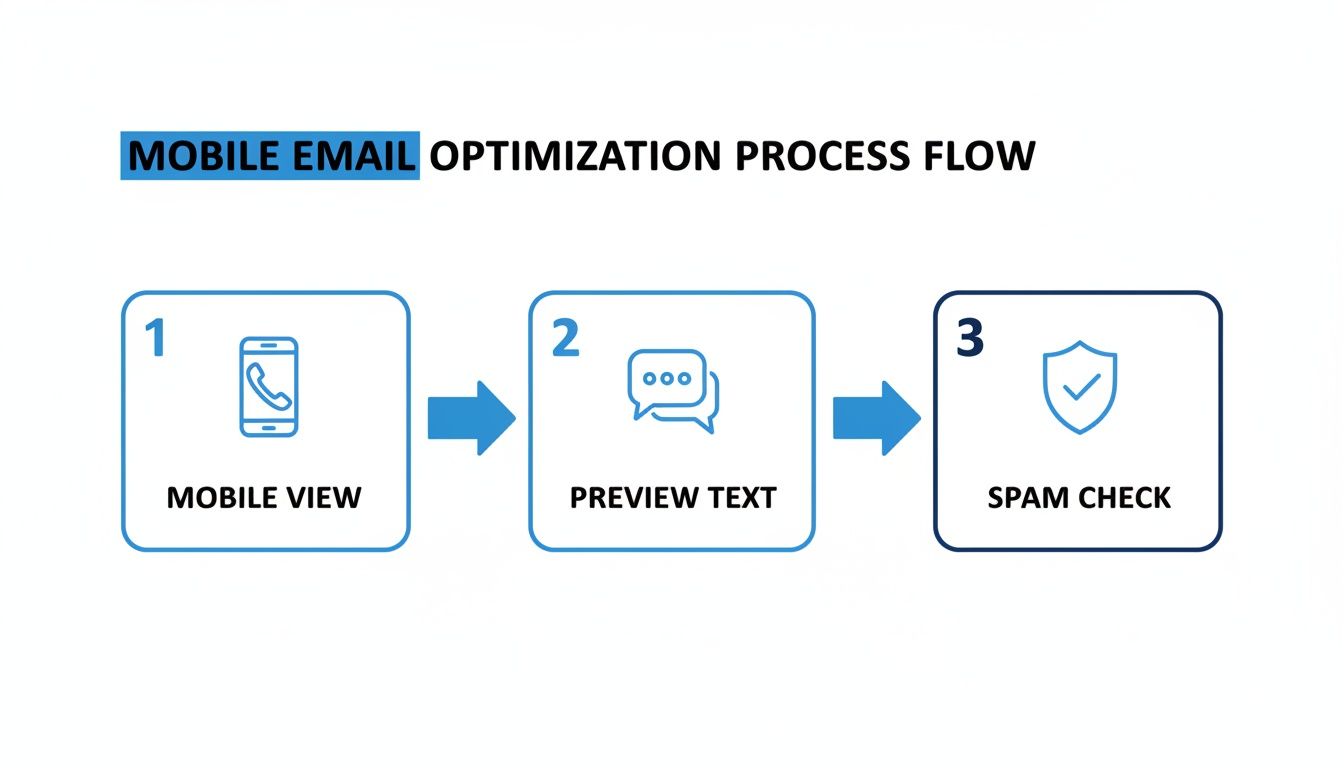 A flow chart illustrating the mobile email optimization process with steps: mobile view, preview text, spam check.