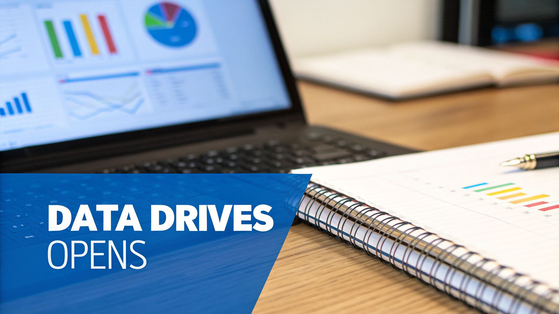 A laptop displays charts and graphs next to a notebook with data analysis, highlighting data-driven insights.