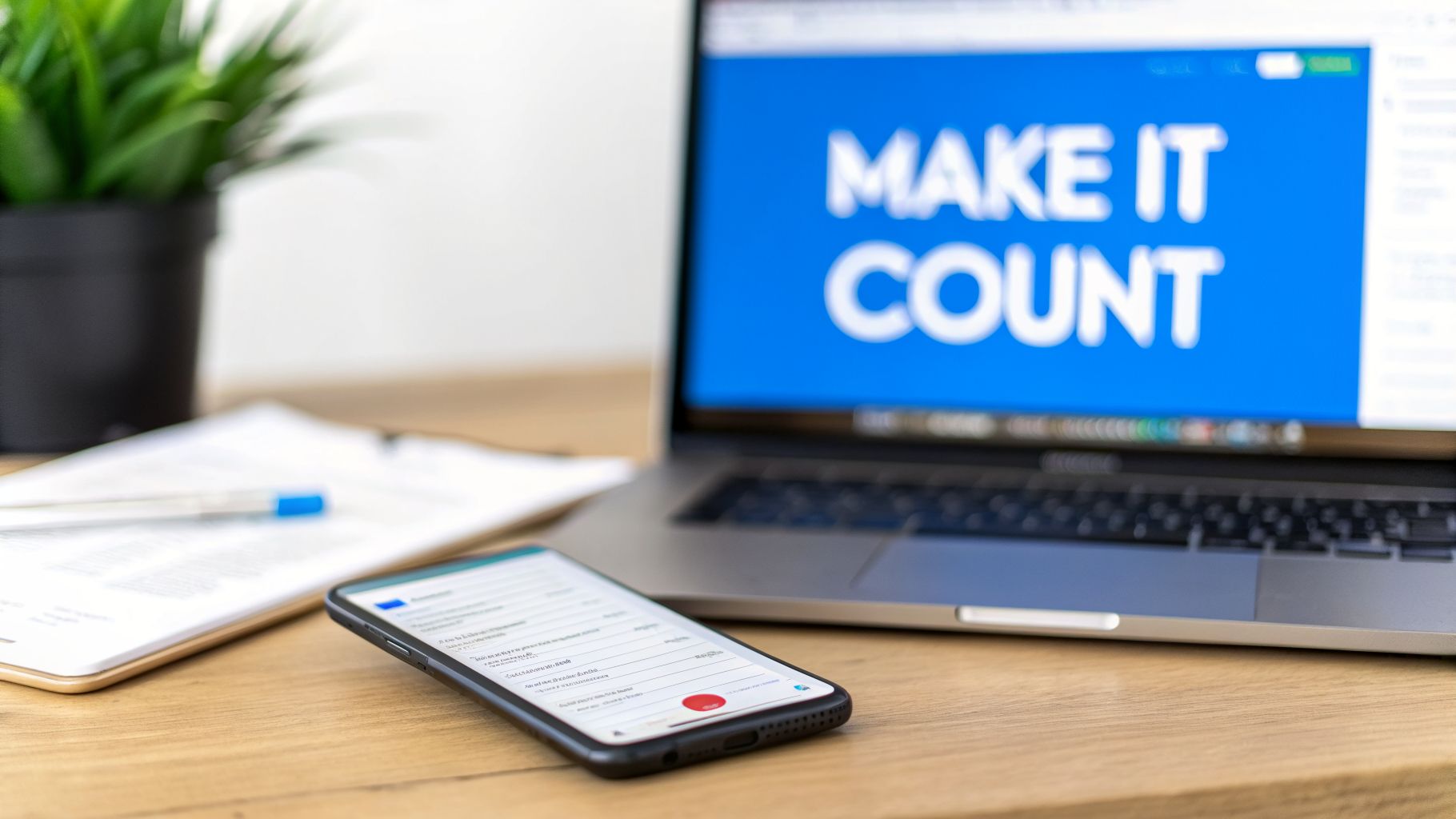 Modern workspace with a laptop, smartphone, clipboard, pen, and plant on a wooden desk.