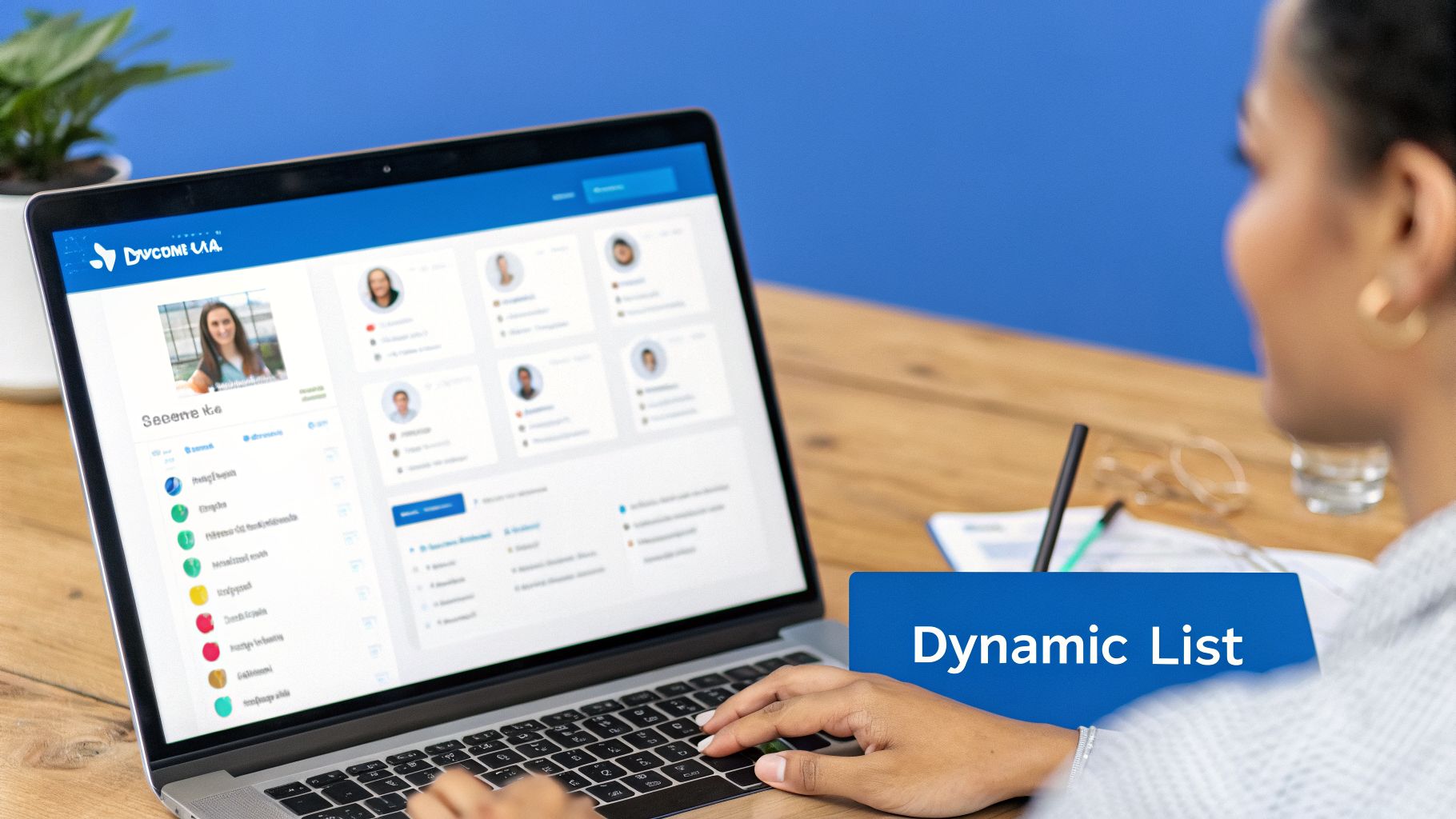 A person types on a laptop displaying a web interface with user profiles and a dynamic list feature.