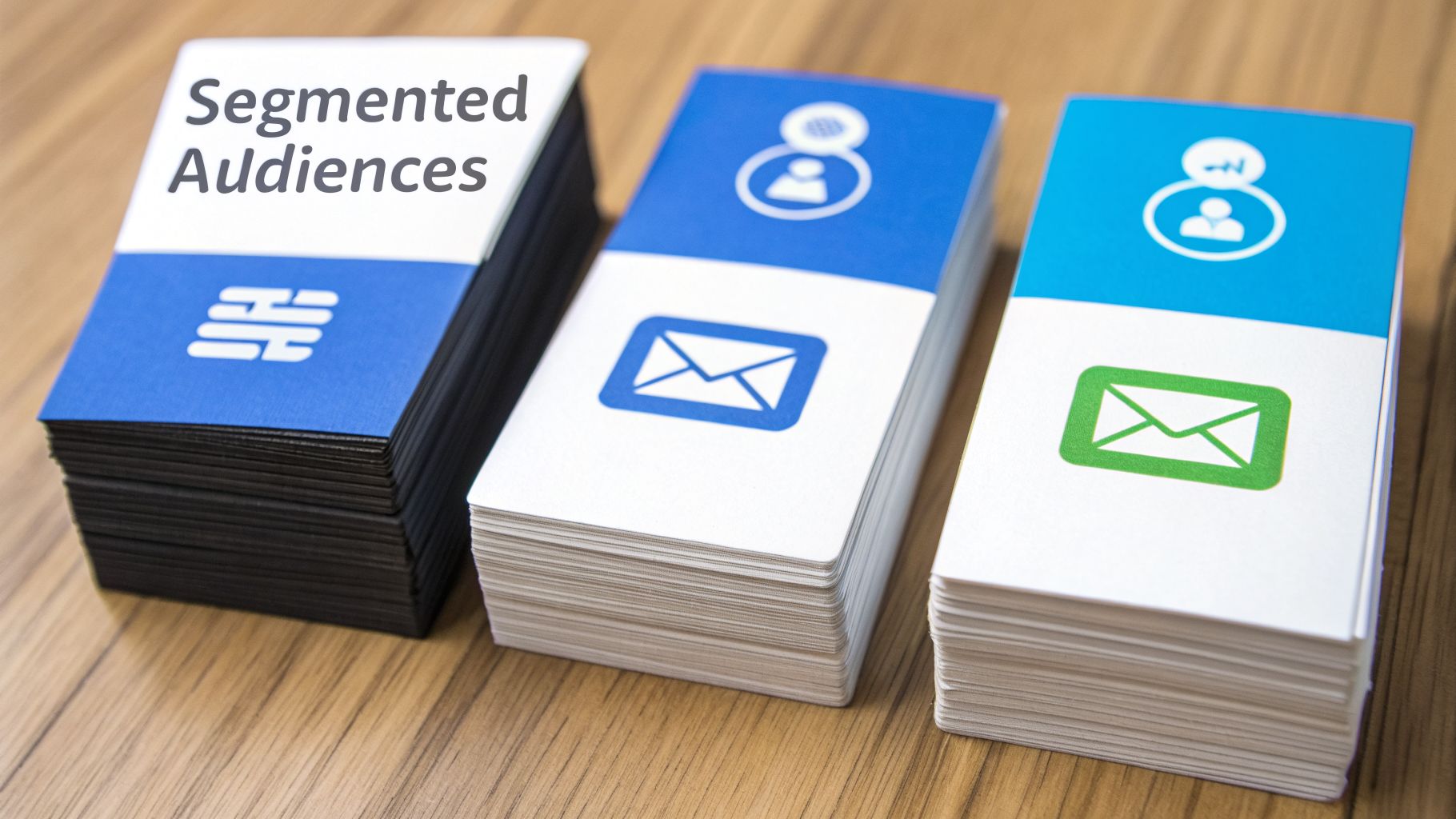 Three stacks of cards showing segmented audiences and email marketing symbols on a wooden table.