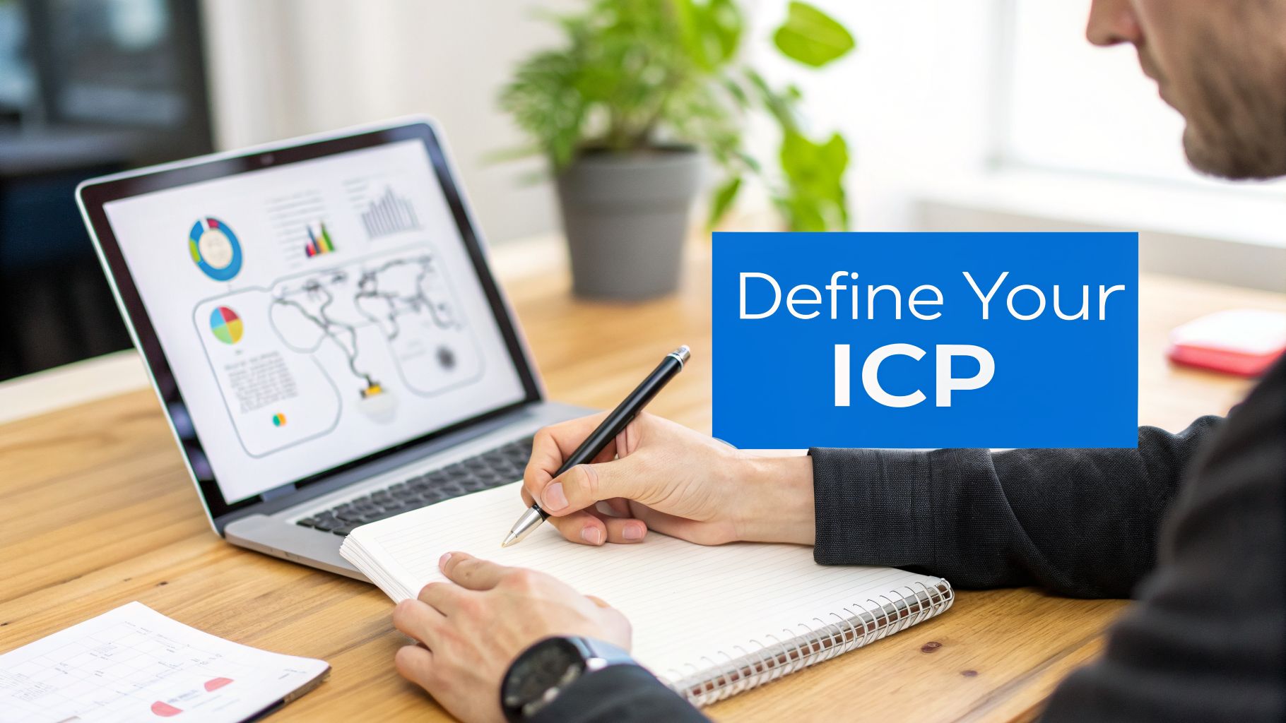 A person defines their Ideal Customer Profile, writing notes while analyzing marketing data on a laptop.