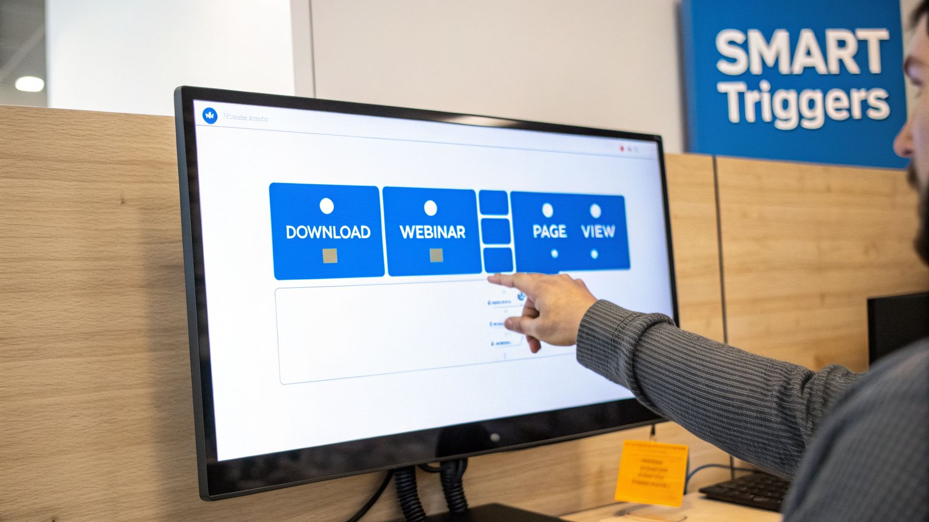 Man's hand points to a computer screen with marketing automation workflow options like 'Download' and 'Webinar'.