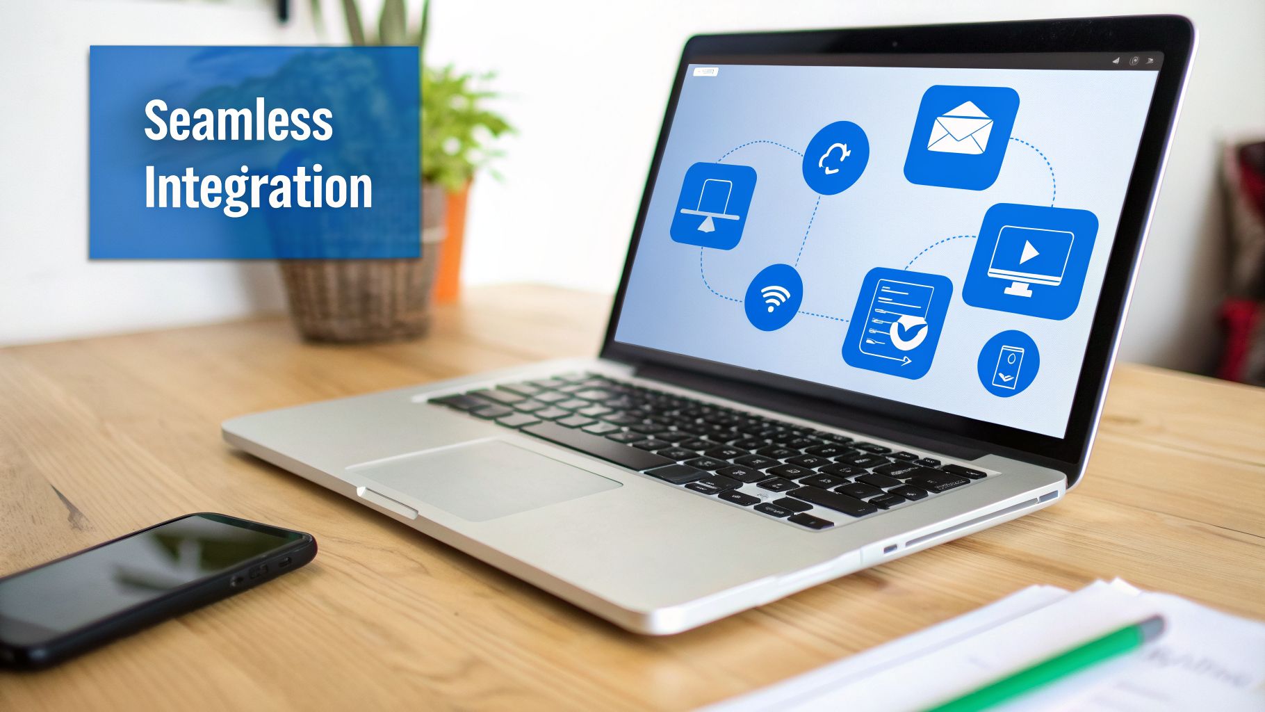A laptop on a wooden desk displays a diagram of interconnected digital service icons for seamless integration.