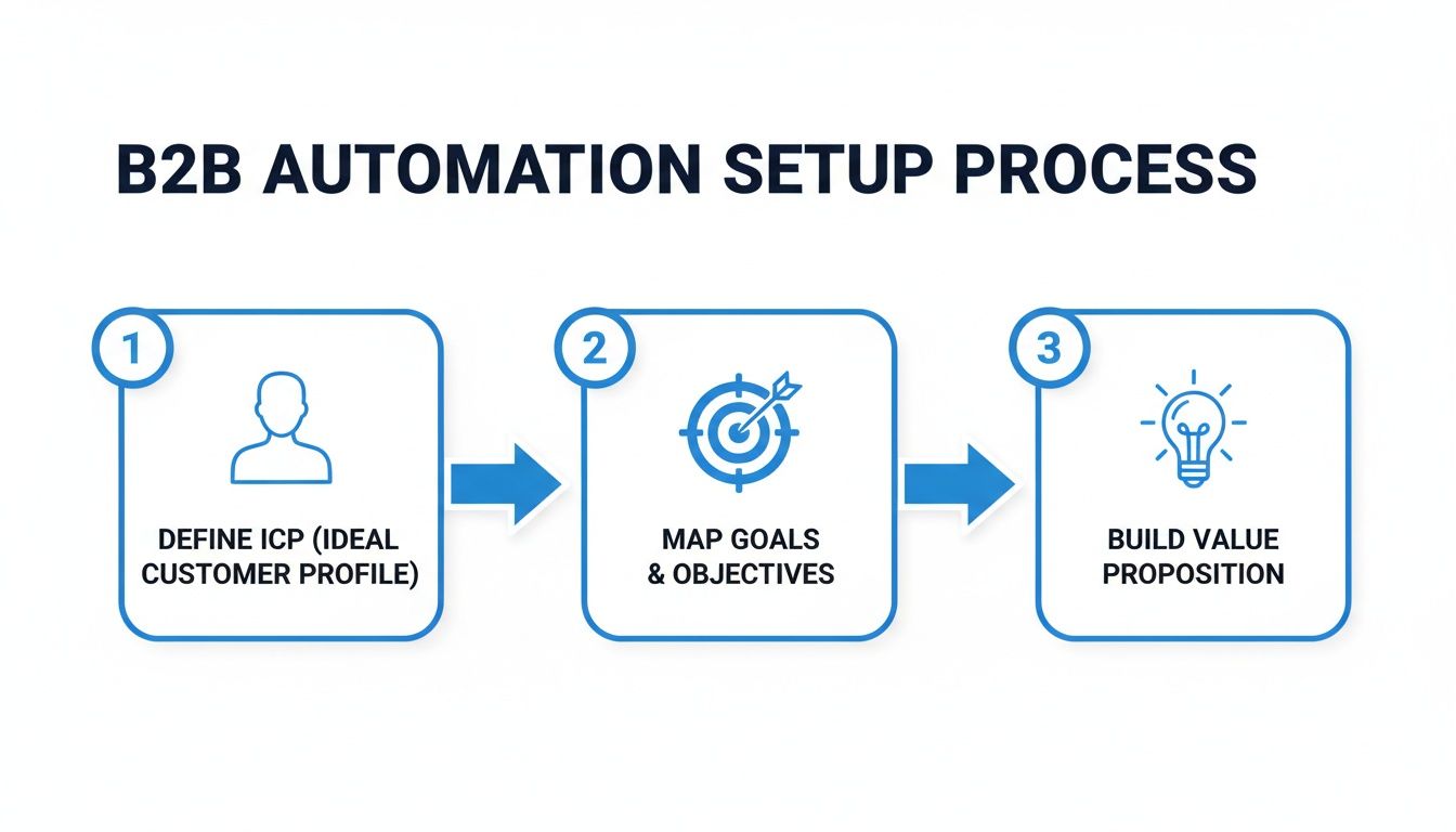 A B2B automation setup process flow chart with steps: Ideal Customer Profile, Goals, and Value Proposition.