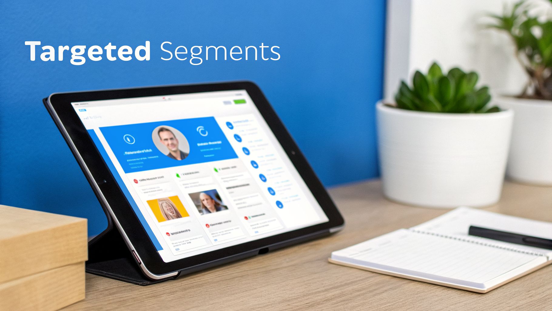 A tablet displaying a CRM interface with customer profiles and data, next to a notebook and plants.