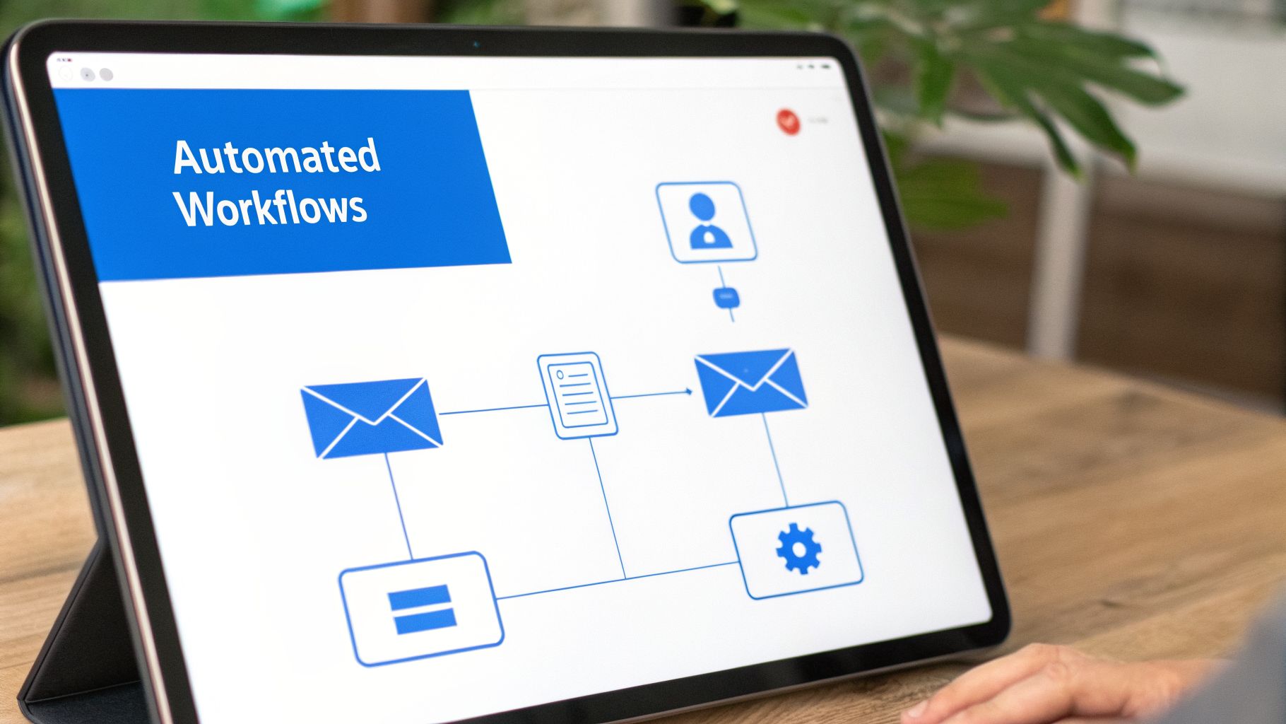A tablet screen displays a presentation slide titled 'Automated Workflows' with a blue process flowchart.