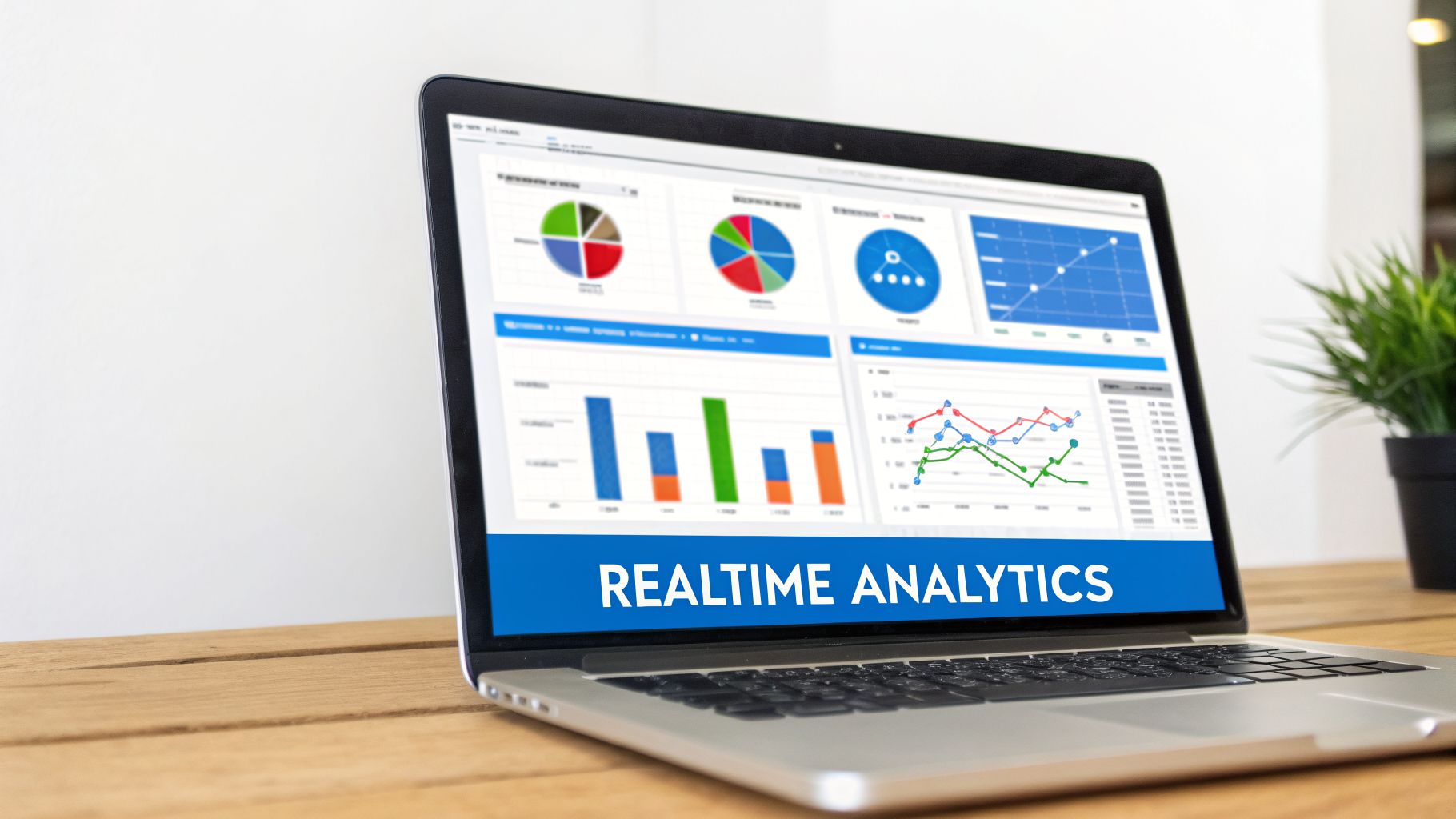 A laptop displays a 'REALTIME ANALYTICS' dashboard with various charts, graphs, and data visualizations.