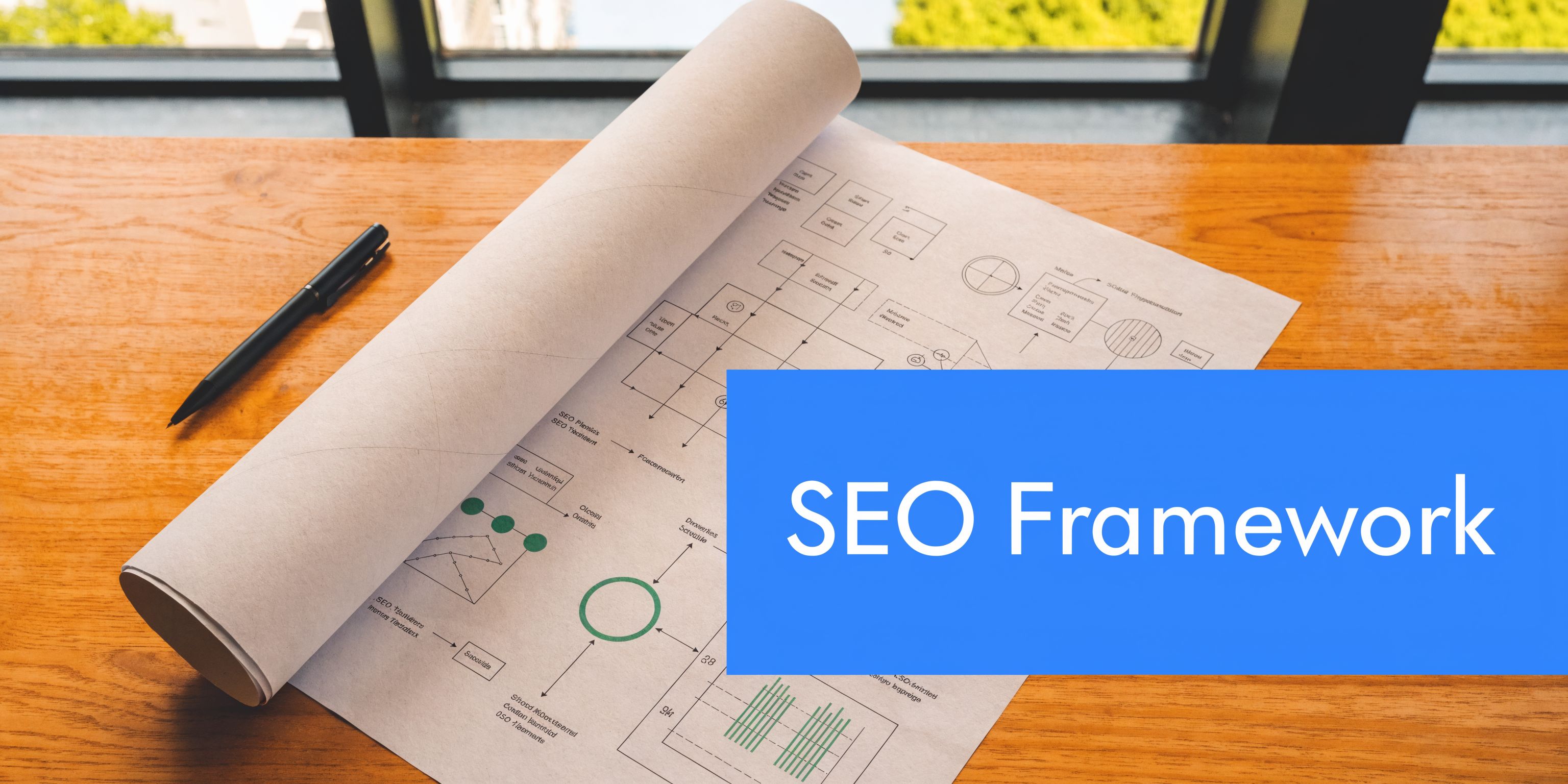 A pen lying on a desk next to a technical architectural drawing of an SEO framework plan.
