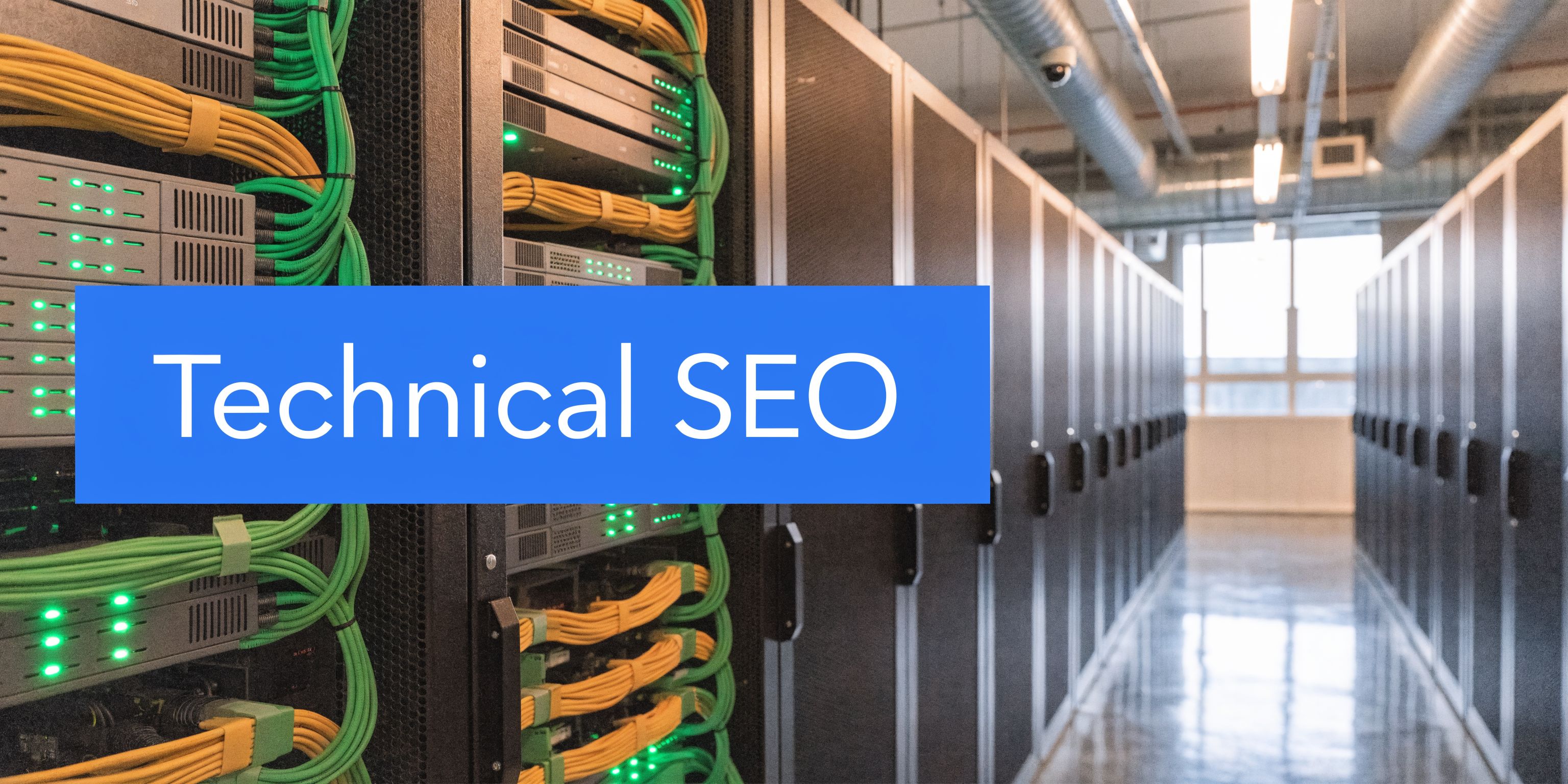 Rows of high-capacity server cabinets in a modern data center with green and yellow ethernet cables
