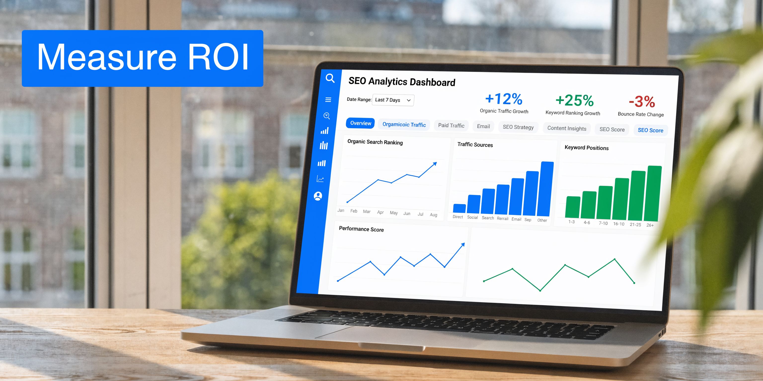 A laptop on a wooden desk displaying an SEO analytics dashboard with graphs and performance data.