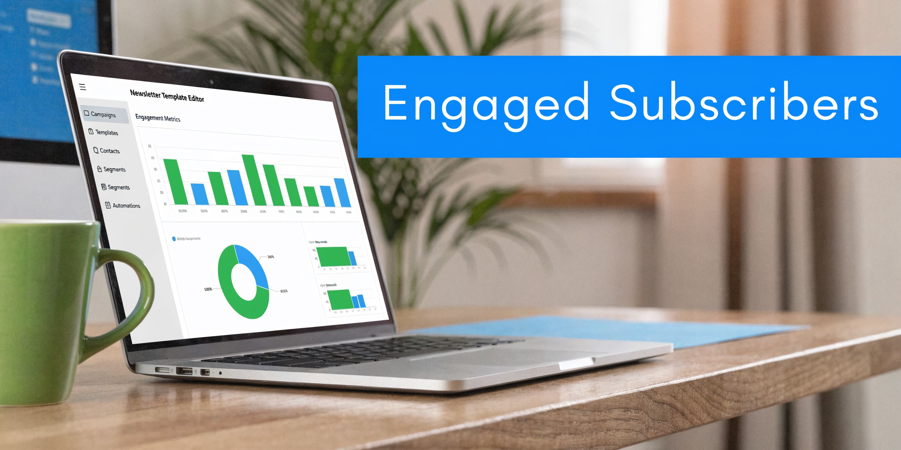 A laptop on a wooden desk displaying email newsletter engagement analytics with a blue header overlay.