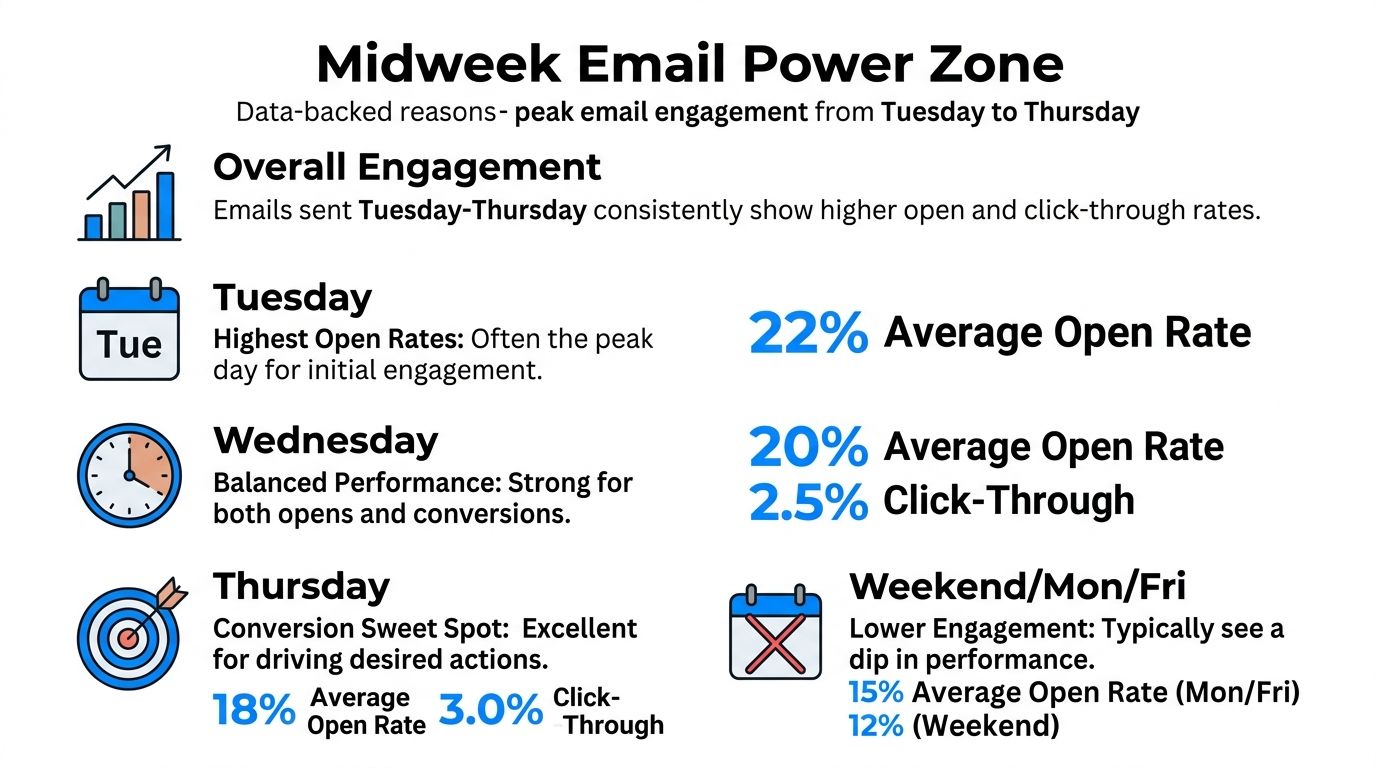 An infographic titled Midweek Email Power Zone showing that Tuesdays to Thursdays are the best days for email engagement.
