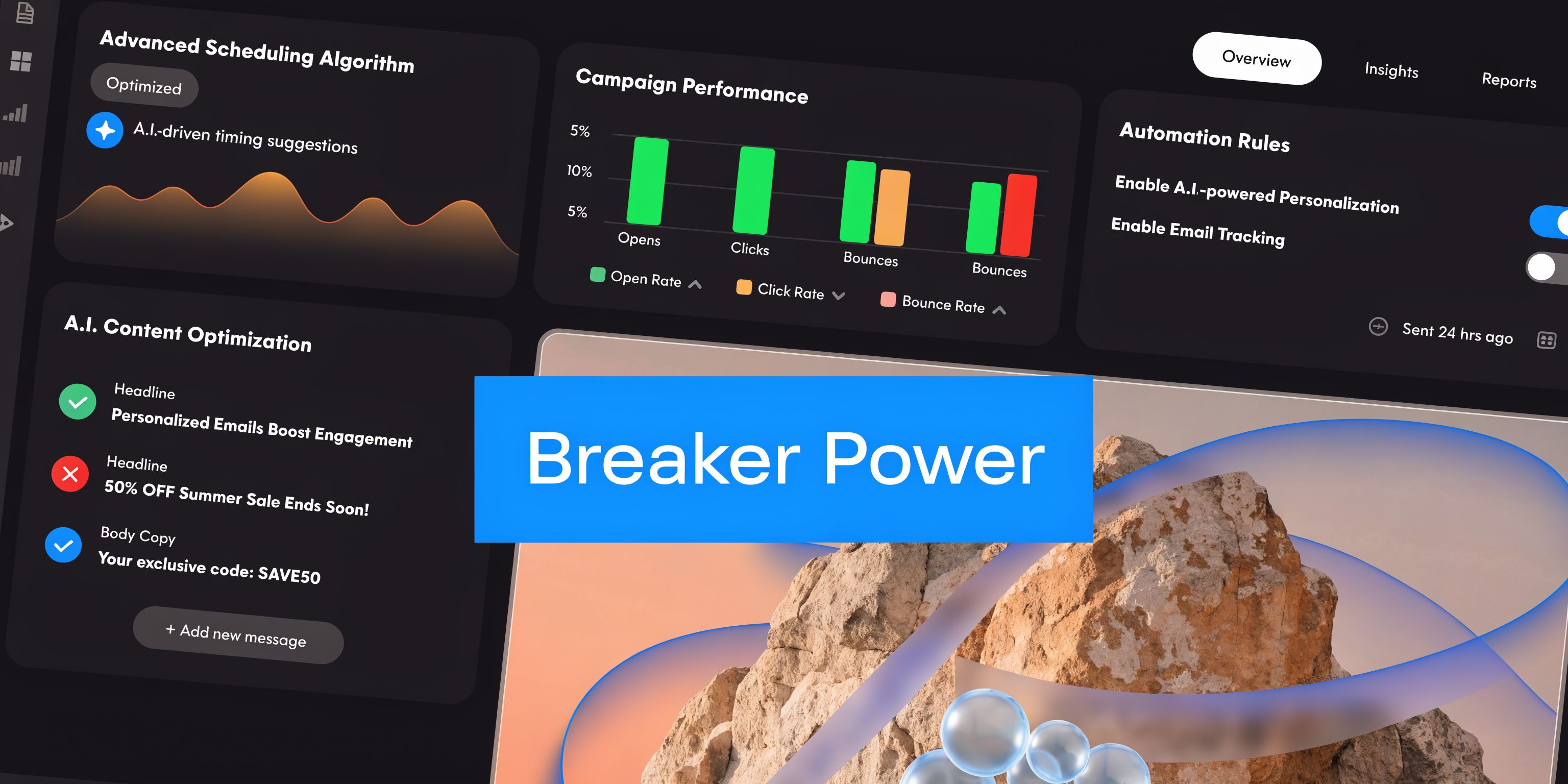 A modern marketing dashboard displaying automated email scheduling tools, performance metrics, and A.I. content optimization settings.