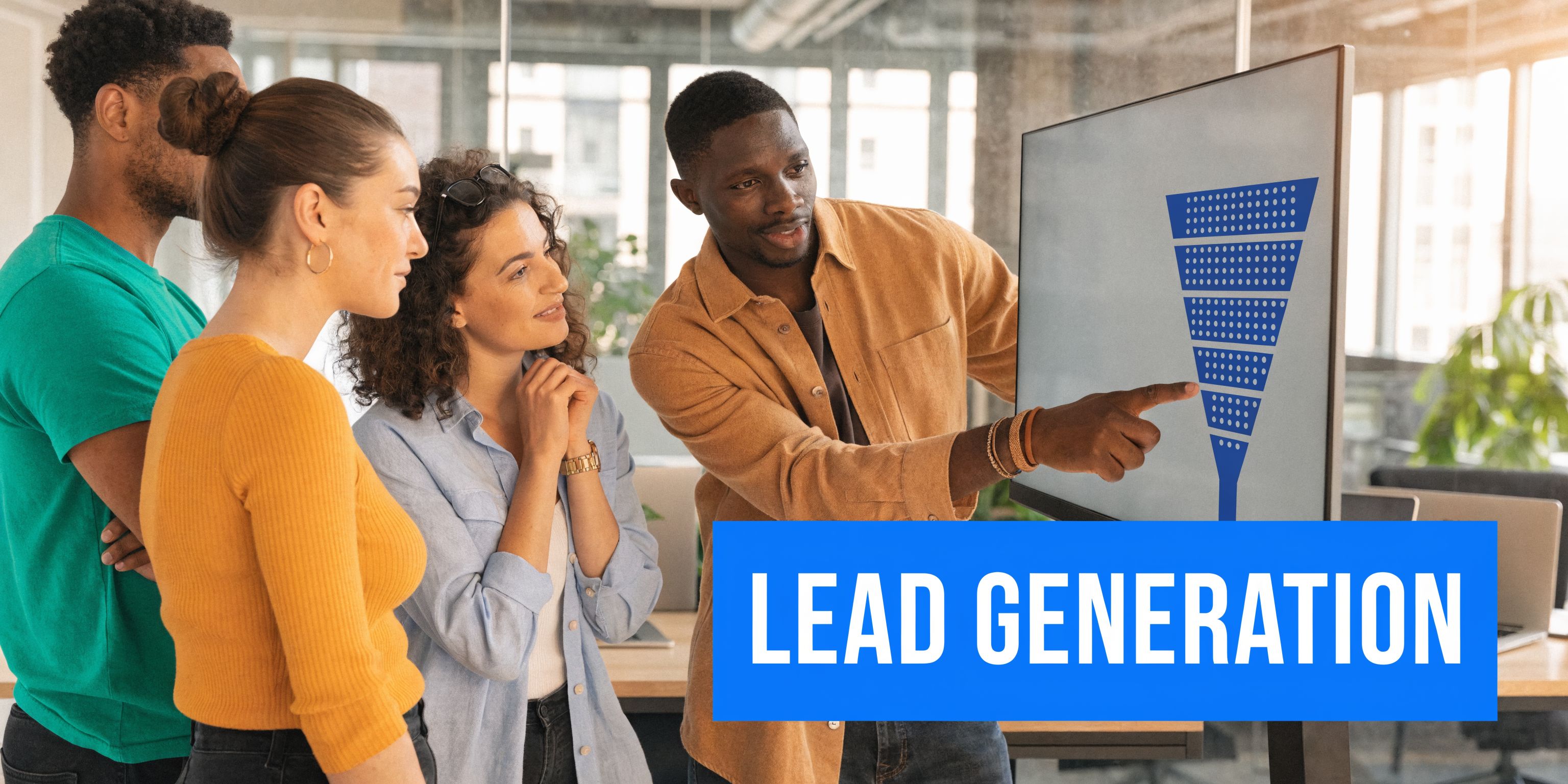 A professional team collaborating on a marketing lead generation funnel strategy in a bright modern office.