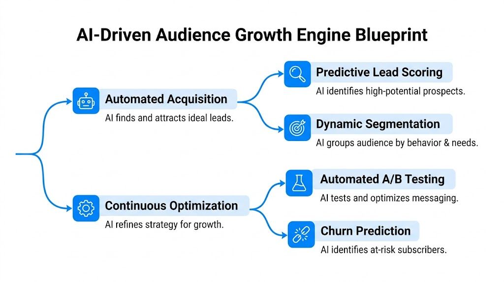 A diagram illustrating an AI-driven audience growth engine with automated acquisition and continuous optimization strategies.