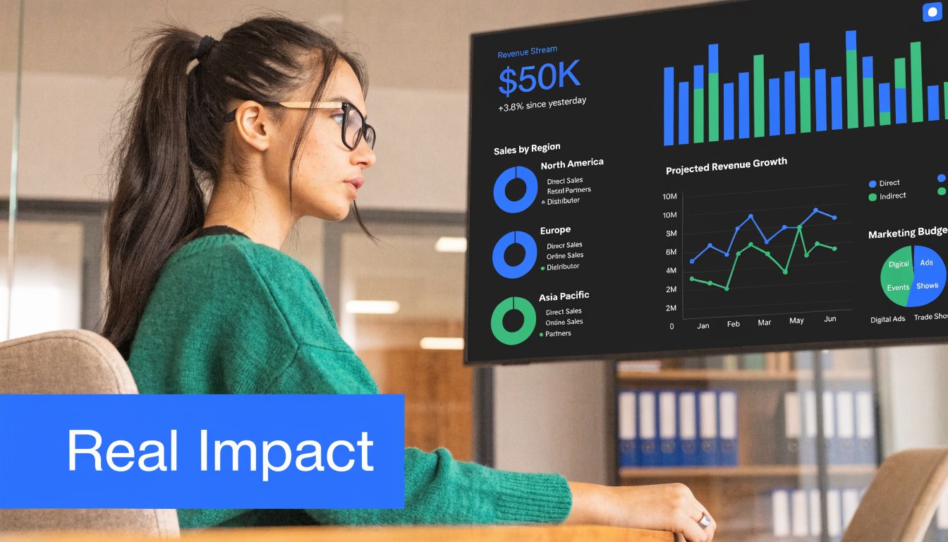 A woman wearing glasses analyzes business growth analytics and revenue data on a large digital screen.