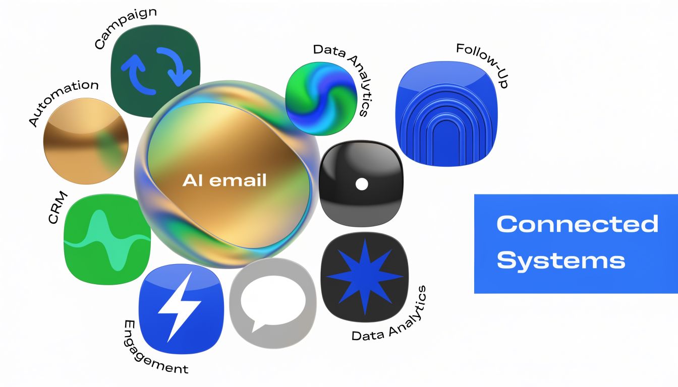 A diagram illustrating an AI email system connected to various marketing automation and data analytics software icons.