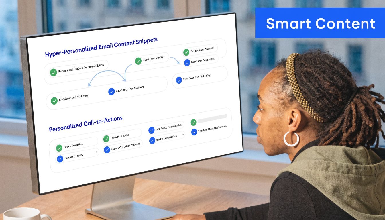 A person looking at a computer screen displaying diagrams of AI-powered personalized email marketing and call-to-action snippets.