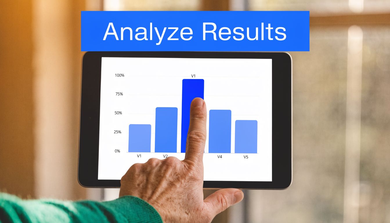 A close-up of a person's finger pointing at a bar chart displaying data results on a tablet.