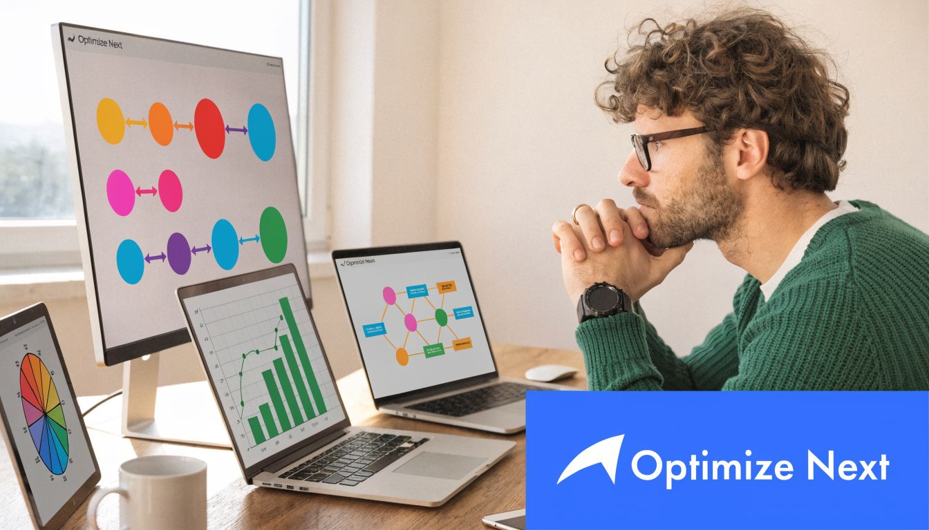 A professional man with curly hair analyzing data visualizations on multiple screens in a modern home office.