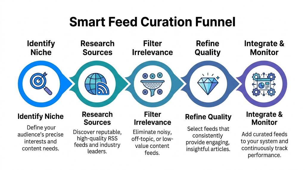 A five-step process diagram illustrating a smart feed curation funnel for content management and RSS strategies.