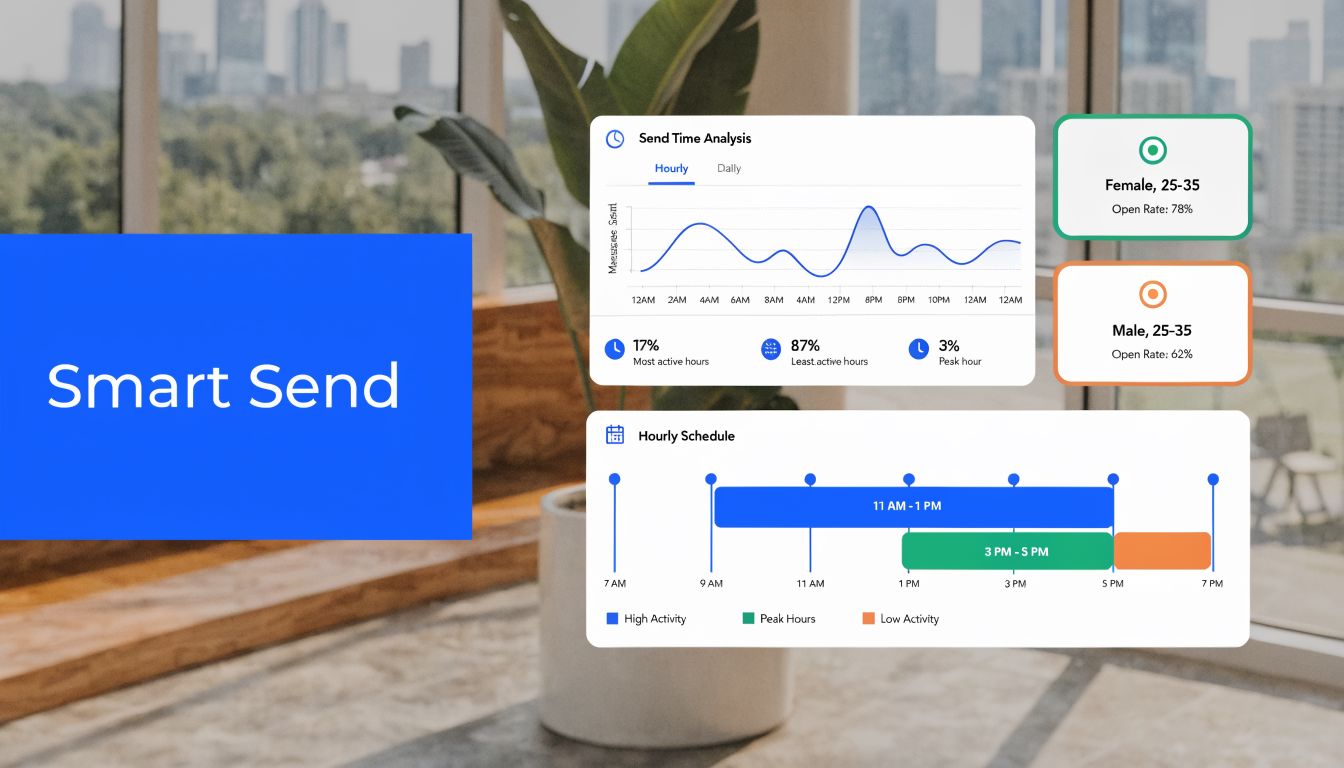 A digital dashboard showing smart email send time analytics, user demographics, and an hourly activity scheduling chart.