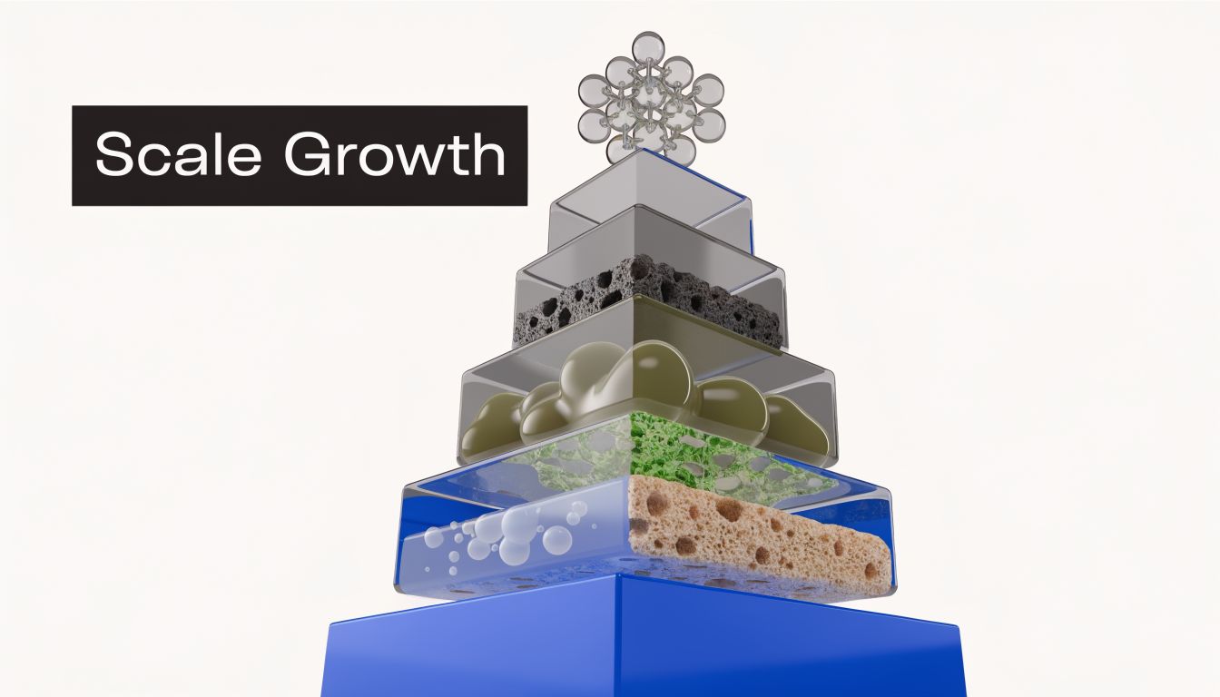 A 3D illustration showing a pyramid of stacked layers representing the process of scale growth