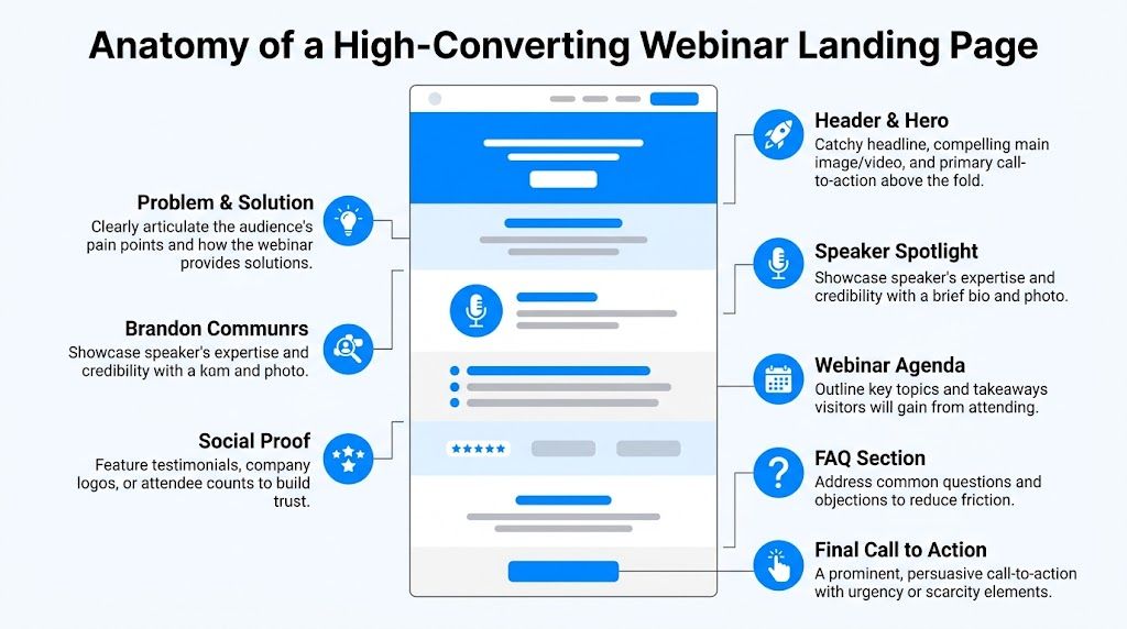 An infographic diagram outlining the essential design elements for a high-converting webinar landing page layout.